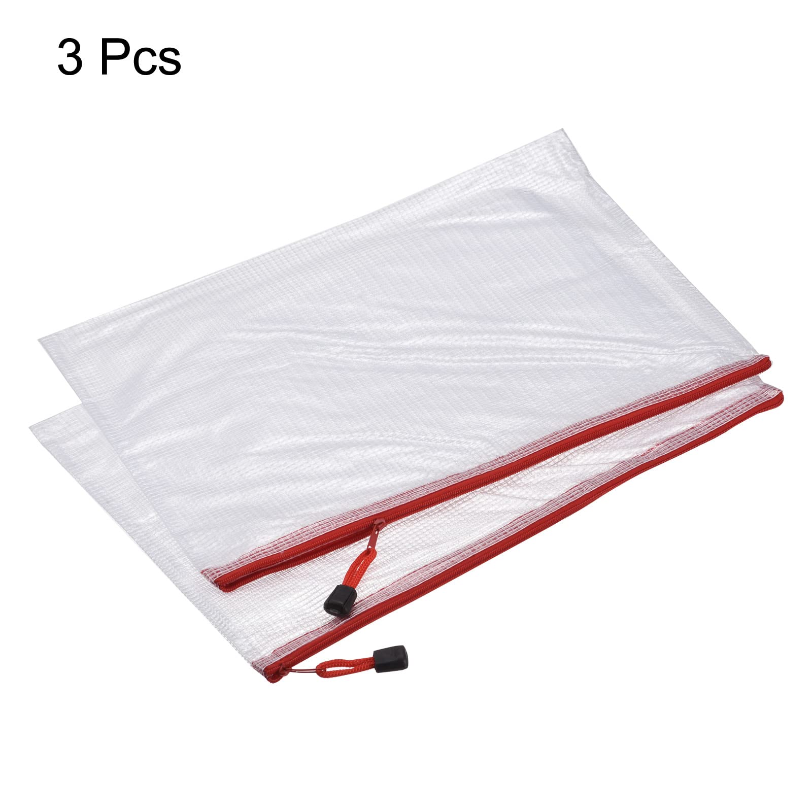 Meccanity A3 Size Mesh Zipper Bags - 3 Pack Red Plastic Document Organizer Folders for Office, School, Travel & Storage | Waterproof File Pouch for Papers, Receipts, Art Supplies & Important Documents