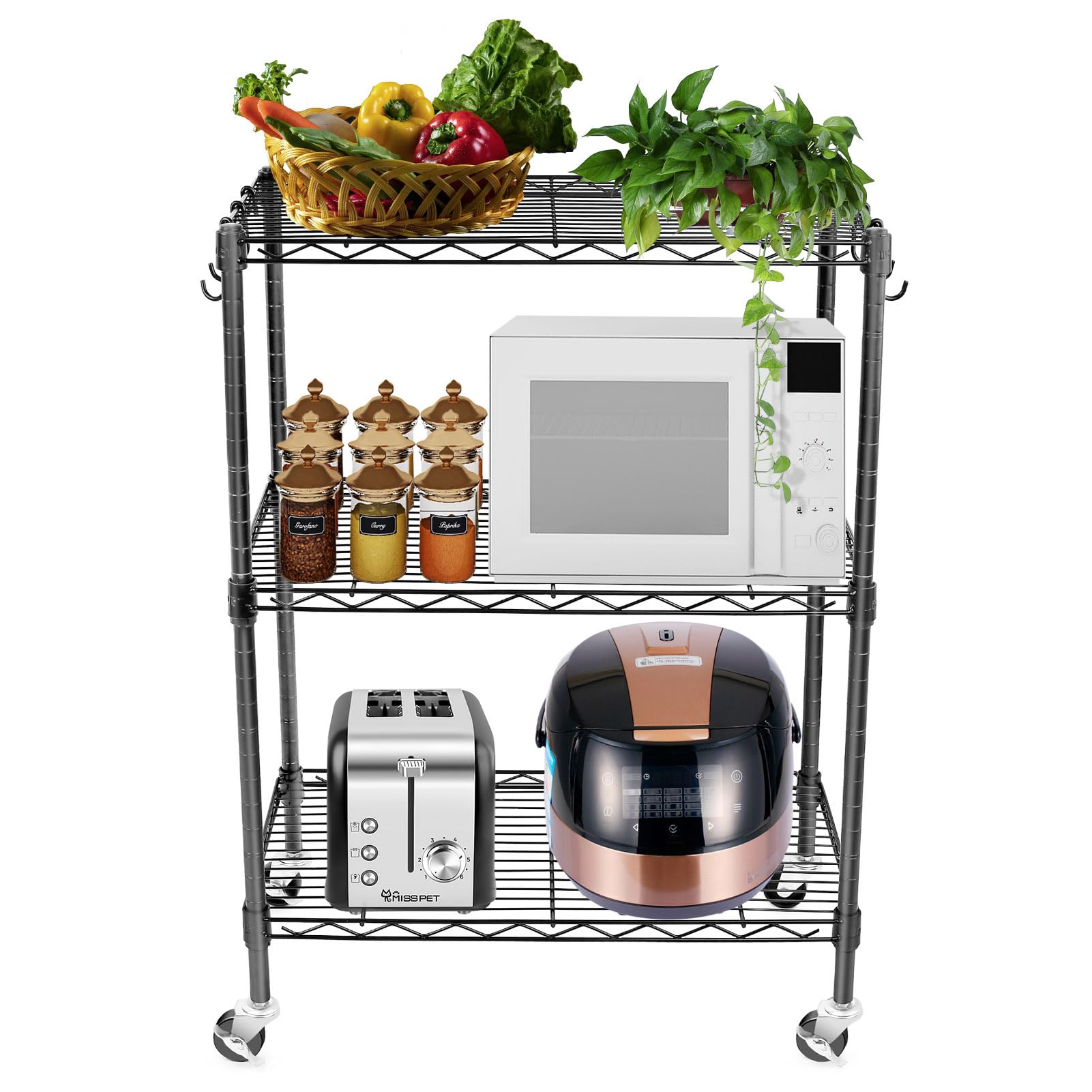 3-Tier Heavy Duty Metal Storage Shelves - Adjustable Wire Rack Shelving Unit with Wheels, 23.4