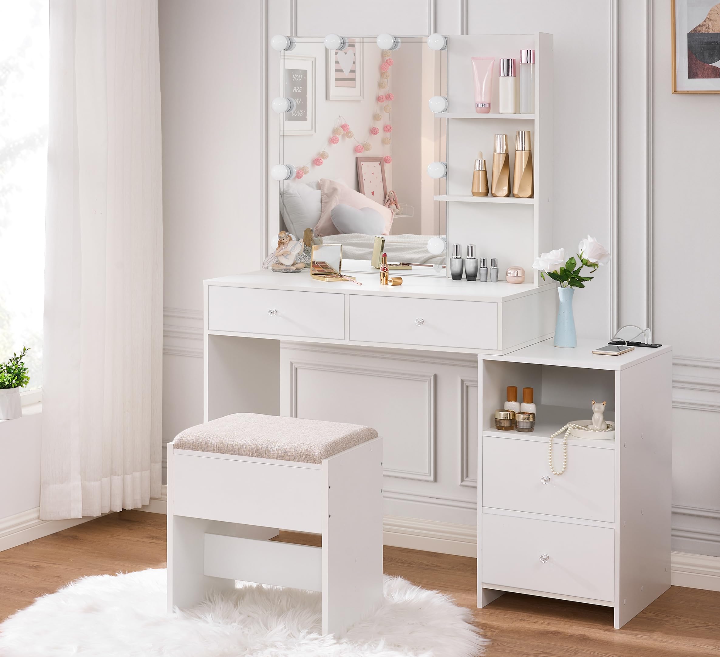 ANWBROAD White Makeup Vanity Desk with LED Lights & Mirror - 10 LED Bulbs, Charging Station, Drawers, Storage Shelves & Stool - Dressing Table for Women & Girls - Perfect for Bedroom, Dorm Room & Beauty Salon (Model: UBDT13W)
