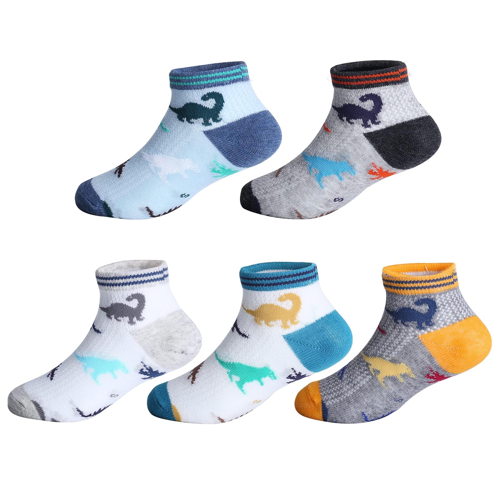 CHUNG Boys Cotton Ankle Socks 5/10 Pack - Low Cut Dinosaur Print Breathable Mesh Socks for Kids 2-9 Years - Lightweight School Running Sports Casual Socks for Everyday Wear & Playtime