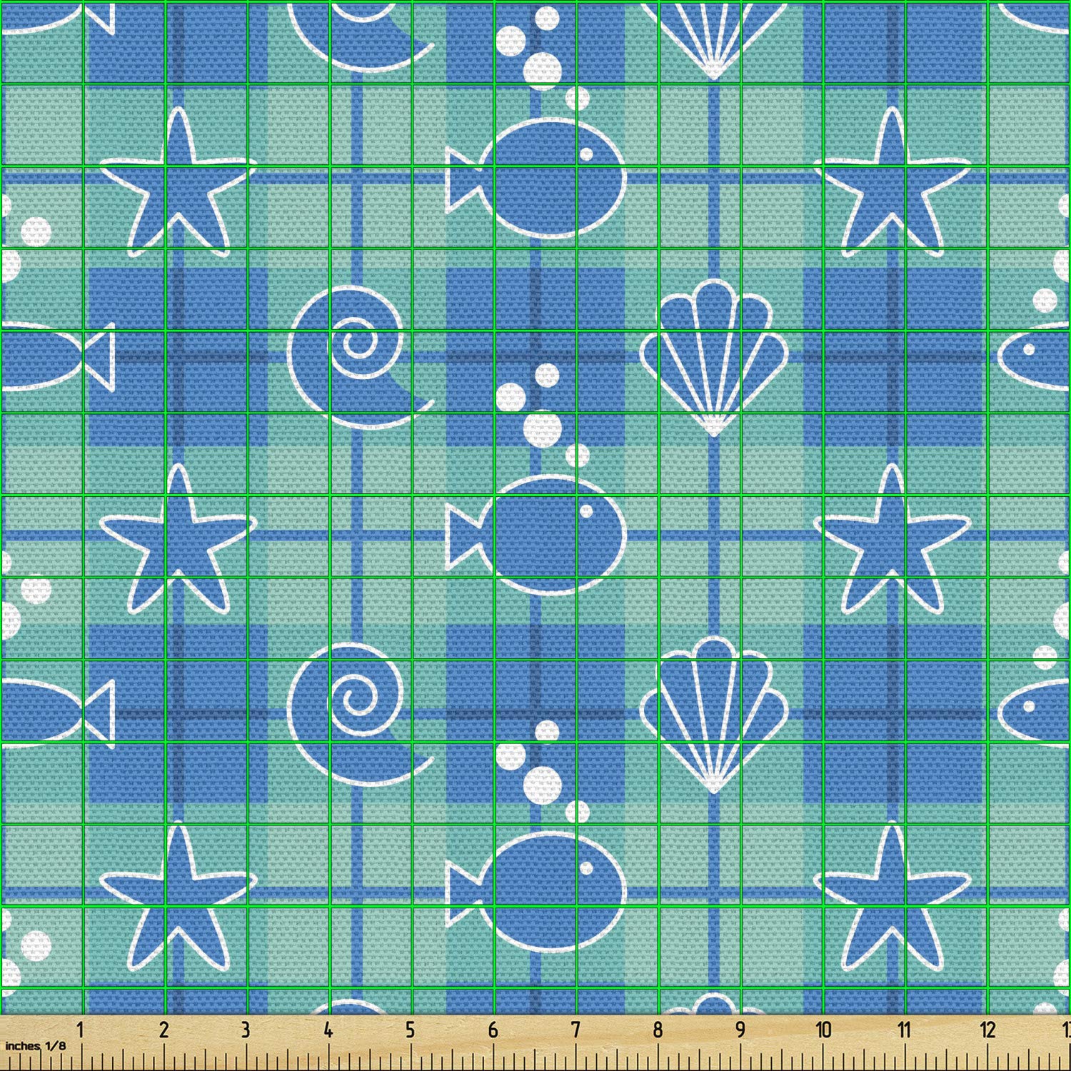 Ambesonne Sea Shells Fabric by The Yard - Plaid Pattern with Cartoon Marine Silhouettes, Fish, Starfish & Bubbles - Decorative Upholstery Fabric for Sofa, Curtains & Home Decor (5 Yards, Mint Green Blue White) - Perfect for Coastal Themed Bedrooms, Beach House Decor & DIY Craft Projects