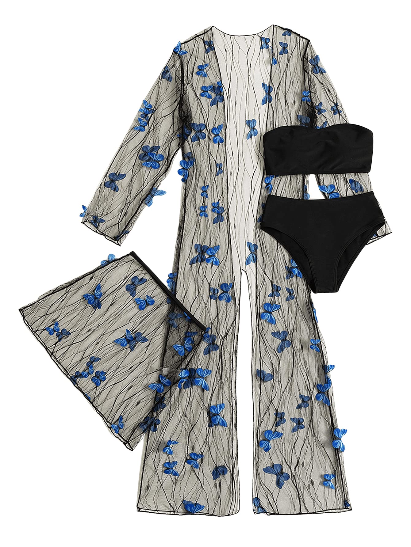 SweatyRocks Women's 4 Piece Swimsuit Set - Bandeau Bikini Top & Bottom with Sheer Butterfly Cover Up | Beachwear for Pool Party, Vacation & Summer Outfits