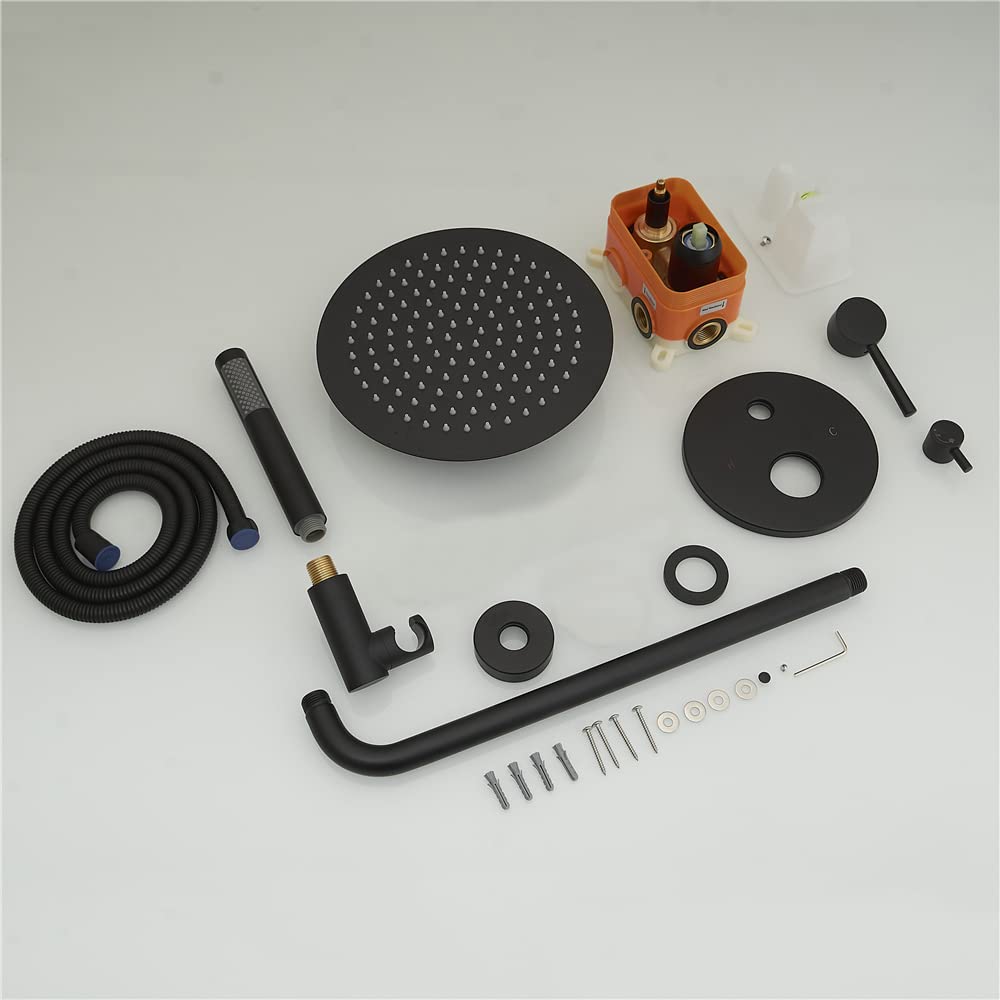 Luxury Matte Black Round Rainfall Shower Head with Handheld Sprayer - Complete Bathroom Shower System Set with Mixer Valve Trim Kit | Perfect for Spa-Like Experience in Modern Home Bathrooms