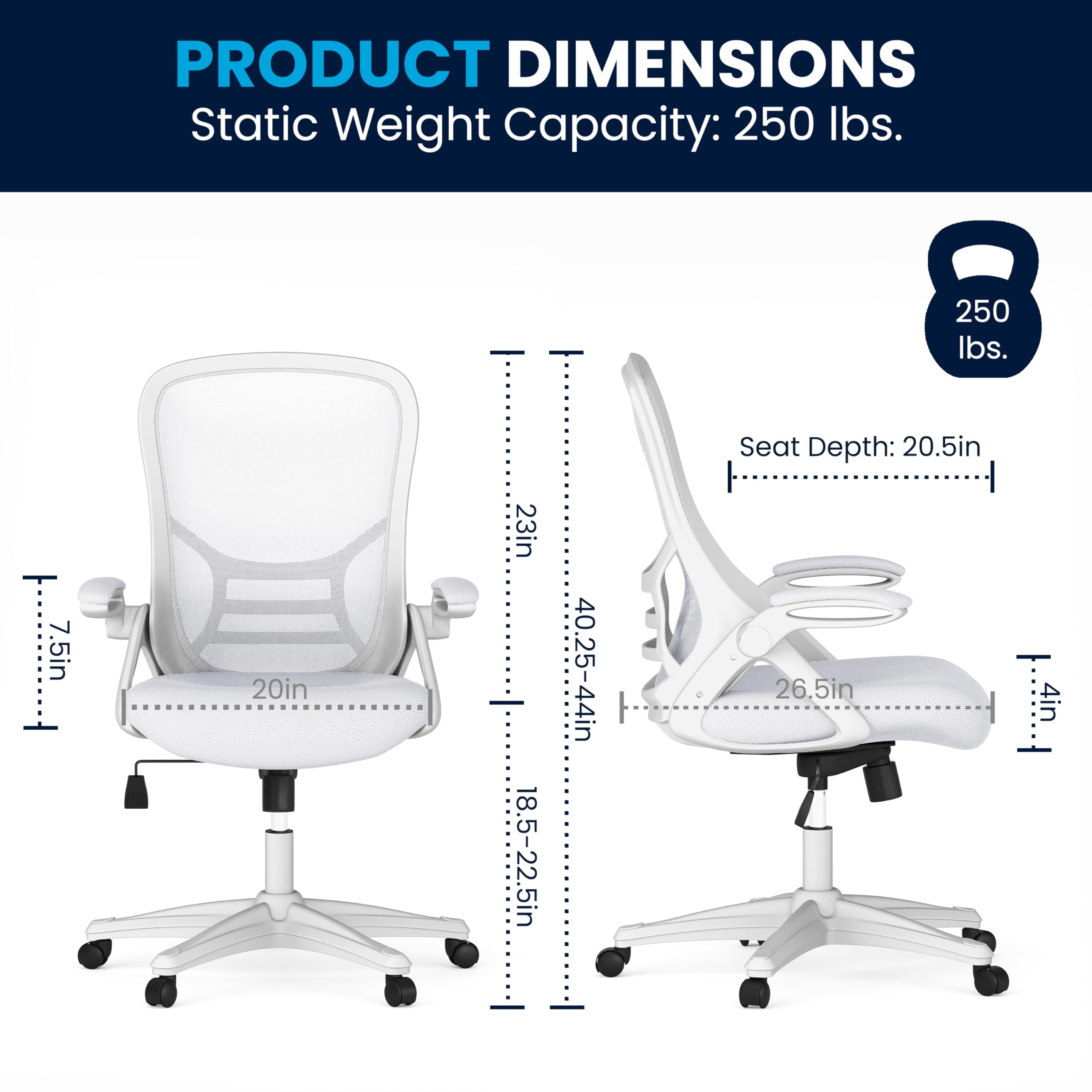 Flash Furniture Porter High-Back Swivel Office Chair with Adjustable Lumbar Support & Height - Ergonomic Mesh Desk Chair with Flip-Up Armrests, White - Perfect for Home Office, Gaming & Workspaces