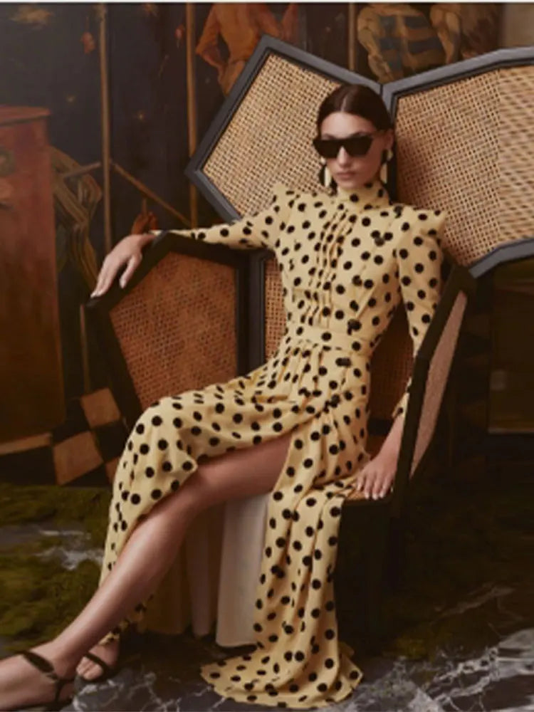 Elegant Polka Dot Printed Women's Slit Maxi Dress - Chic Mock Neck Shoulder Pads Backless Robe - Spring Summer Beach Party Wedding Guest Dress Fashion Vestidos