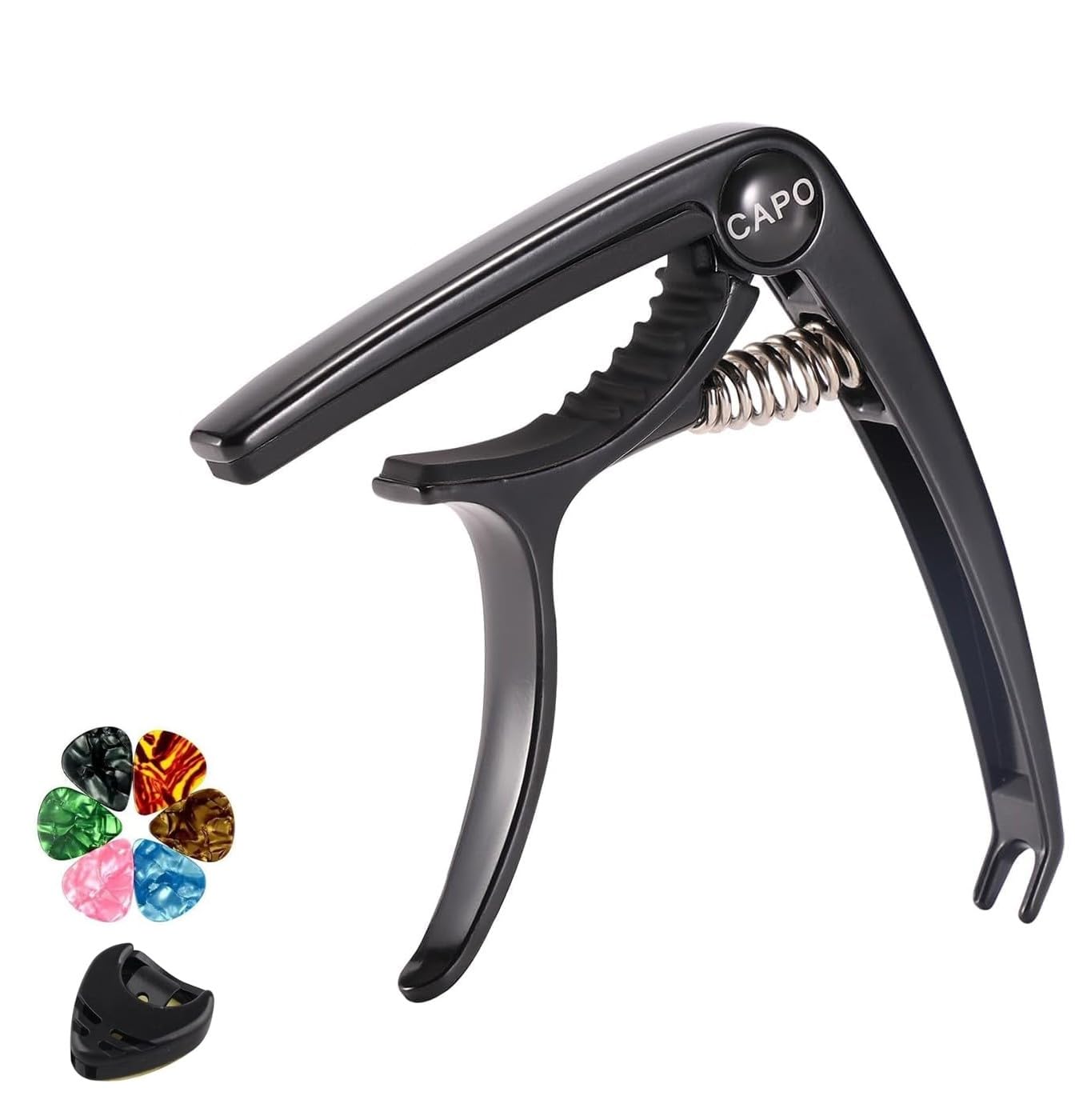 Premium Zinc Alloy Guitar Capo for Acoustic & Electric Guitars, Ukulele, Mandolin, Banjo & Bass - Black with 6 Free Picks | Perfect for Live Performances, Studio Recording & Practice Sessions