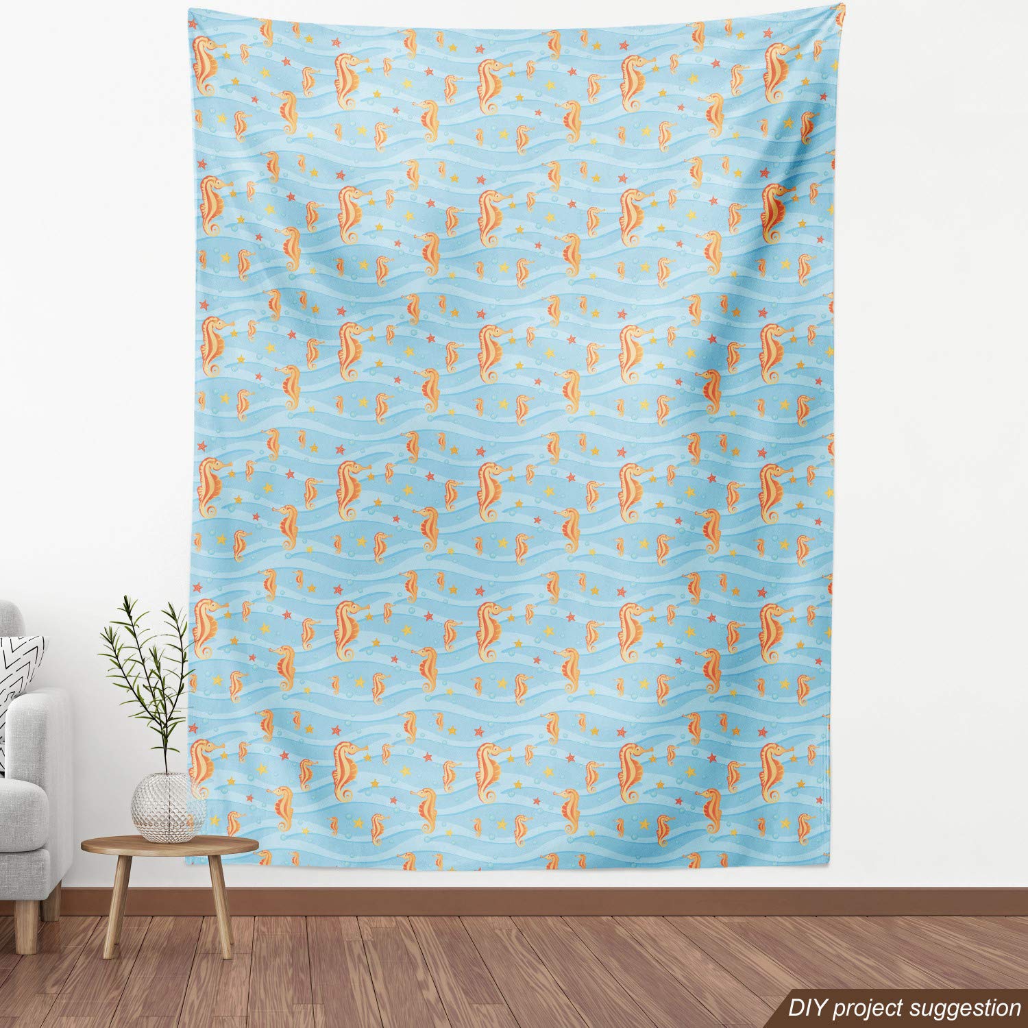 Ambesonne Animal Print Fabric by The Yard - Water Bubbles with Seahorse & Starfish in Tropical Waves, Decorative Upholstery Fabric for Sofa, Curtains & Home Decor (5 Yards, Orange Blue) - Perfect for Coastal Themed Bedrooms, Beach House Decor & DIY Craft Projects