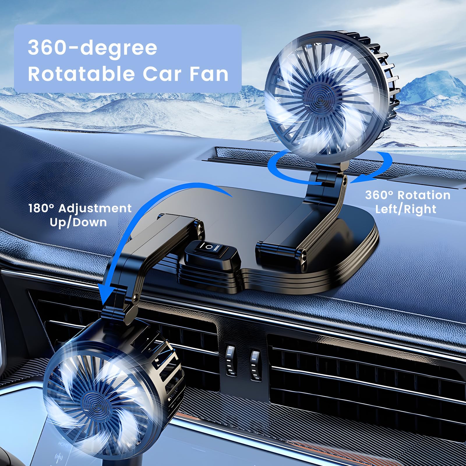360° Rotating Dual Head USB Car Fan - Portable Cooling Fan for Dashboard with Cold Air Blow, USB Powered for SUV/RV/Truck/Sedan/Cruise/Office - Perfect for Summer Commute & Workspace Cooling