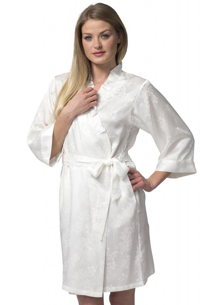 Elegant Women's White Short Robe with Ruffled Collar - Silk Jacquard Dynasty Robe | Perfect for Spa, Bridal Party & Luxury Loungewear
