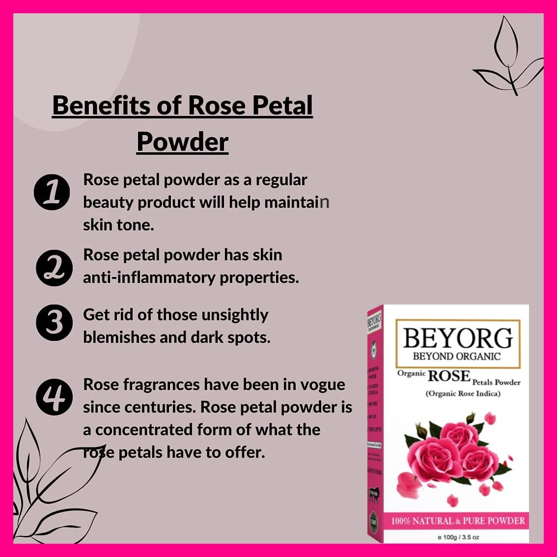 BEYORG 100% Pure Organic Tulsi Leaves Powder for Hair Growth & Rose Petal Powder for Skin Whitening - 200g | Natural Ayurvedic Beauty Treatment for Glowing Skin & Healthy Hair Care