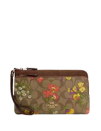 Coach Double Zip Wallet in Signature Canvas with Floral Print - Stylish & Compact Wristlet for Women - Perfect for Everyday Use, Travel & Gifts