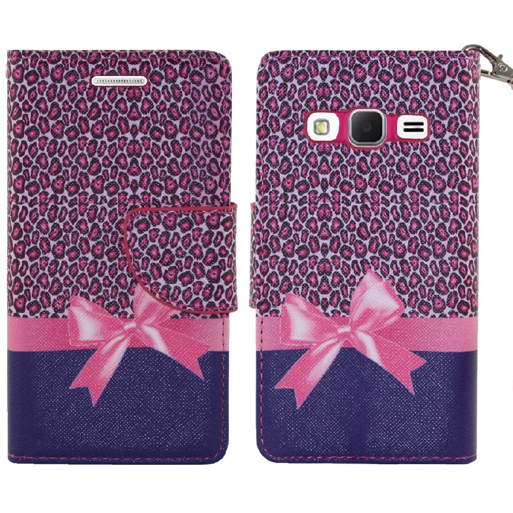 Samsung Galaxy Prevail LTE Case - SOGA® PU Leather Magnetic Flip Wallet Cover for Samsung Galaxy Prevail LTE/Core Prime G360 (Boost Mobile) | Pink Leopard Print with Ribbon Gift [SWA71] - Perfect for Work, Travel & Everyday Protection