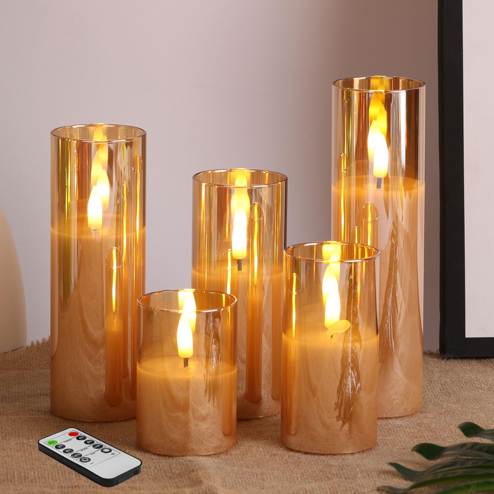 Premium Gold Glass Flameless Candles with Remote Control - Set of 5 Slim Tall Flickering LED Votive Pillar Candles for Christmas, Weddings, Home Decor & Romantic Ambiance