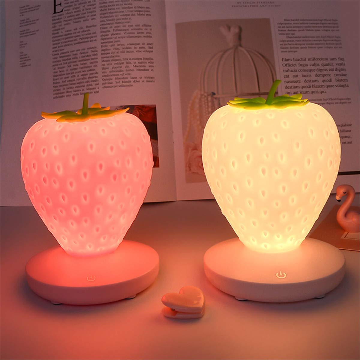 Strawberry Night Light - Soft Silicone Touch Sensor Table Lamp for Kids Room, Bedside, Nursery, Bookshelf & Desk - Pink Cartoon LED Lamp for Bedtime, Reading & Decor