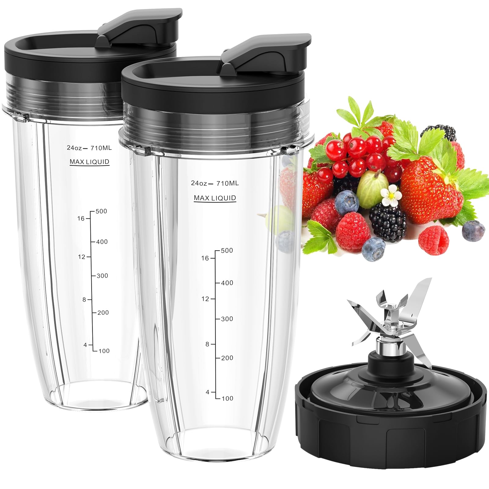 Ninja Blender Replacement Parts - 24oz Blender Cups with Lids, 7-Fin Extractor Blade - Compatible with Nutri Ninja Auto iQ BL2012 BN801 BL480-30 BL640-30 - Perfect for Smoothies, Protein Shakes & Meal Prep