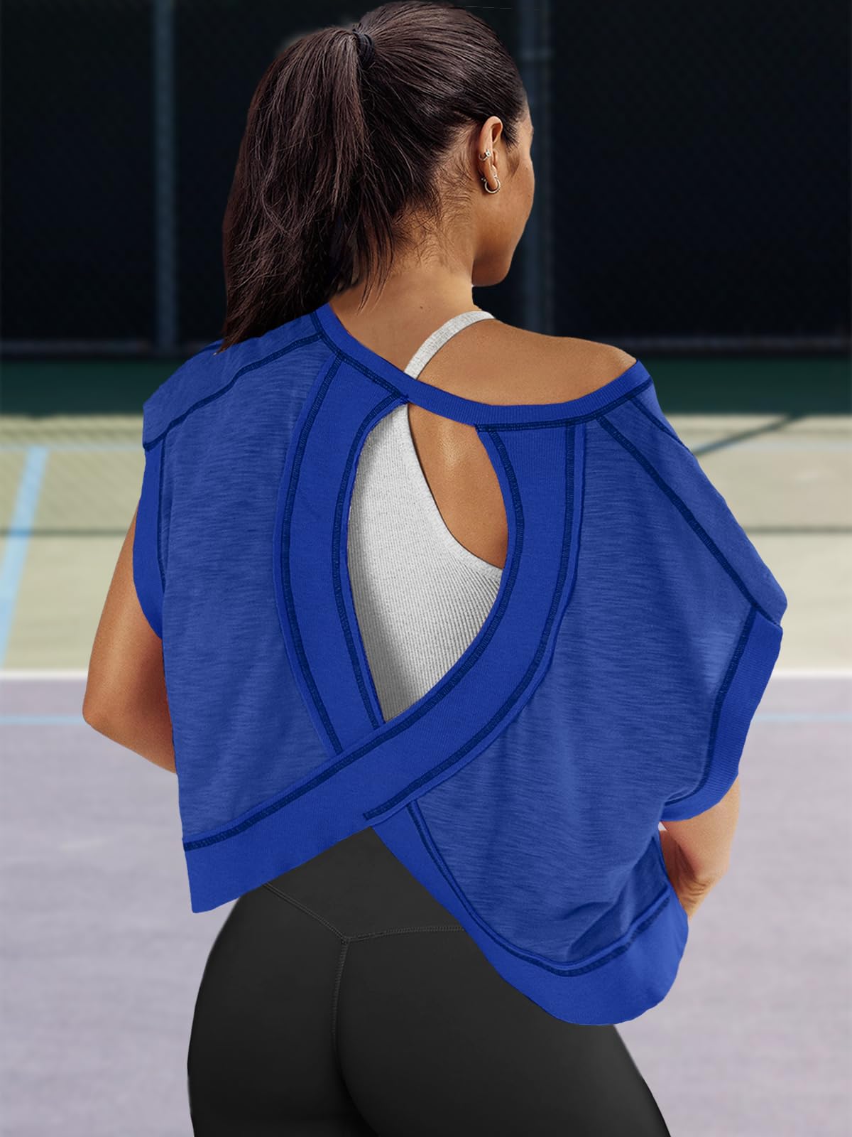 Panadila Women's Open Back Workout Top - Oversized Athletic T-Shirt, Backless Yoga Shirt, Short Sleeve Baby Tee for Gym, Running & Casual Wear