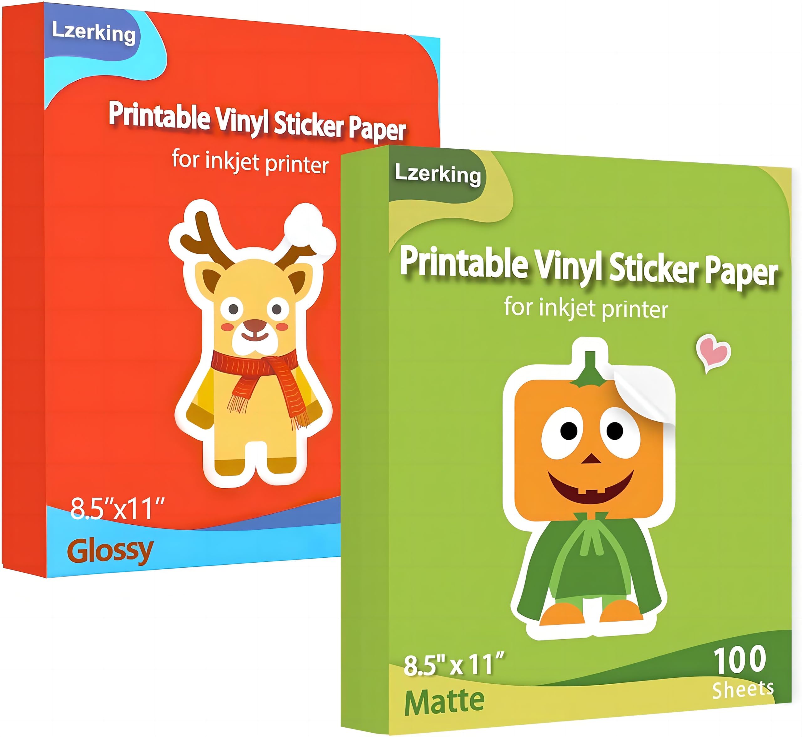 Printable Vinyl Sticker Paper - 100 Glossy & 100 Matte White Sheets (8.5x11 Inches) for Inkjet Printers - DIY Labels, Decals, Crafts & Scrapbooking