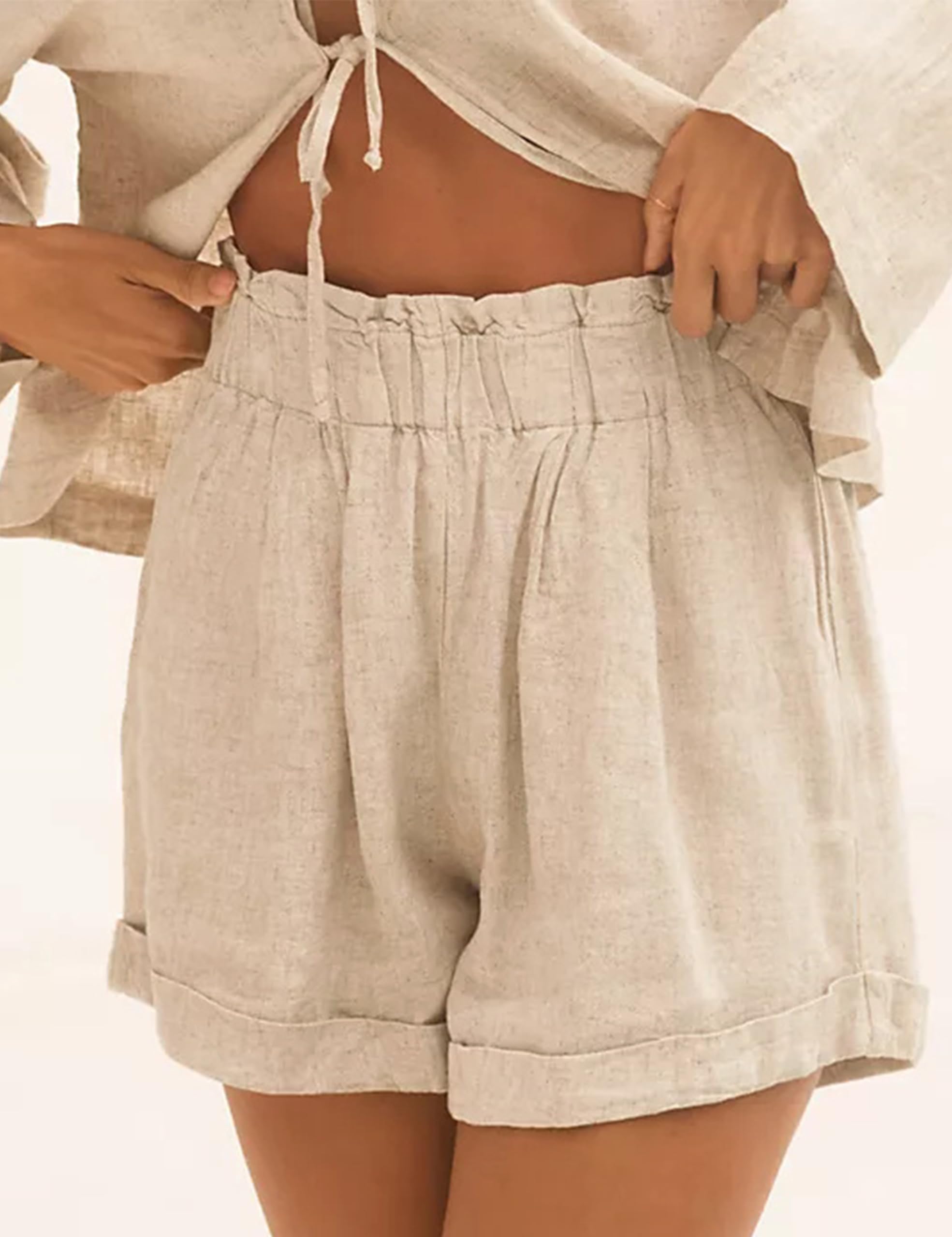 Women's 2-Piece Outfits Long Sleeve Lace Up Shirt & Shorts Set - Summer Lounge Matching Pajama Set with Pockets - Perfect for Home Relaxation, Vacation & Casual Outings