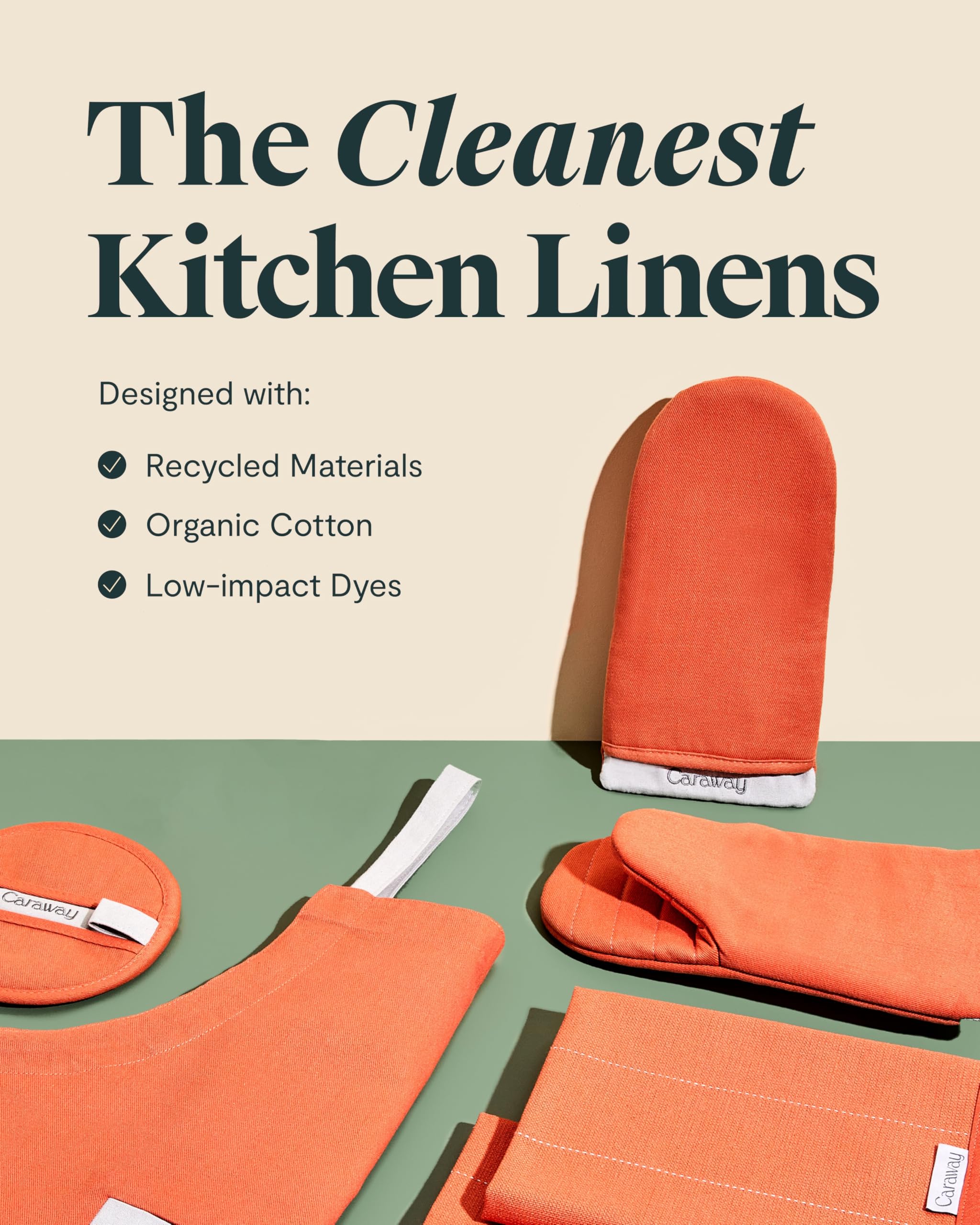 Organic Cotton Caraway Linen Set - Apron, Pot Holders, Oven Mitts & Tea Towels - 100% Natural, Durable & Machine Washable - Perfect for Cooking, Baking & Kitchen Decor