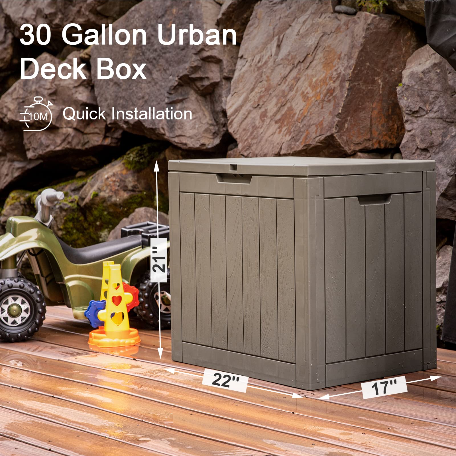 30 Gallon Waterproof Deck Box with Lock - Outdoor Storage for Patio Tools, Cushions, Garden Supplies & Pool Accessories | Durable Taupe Delivery Box for Backyard, Deck & Poolside Organization