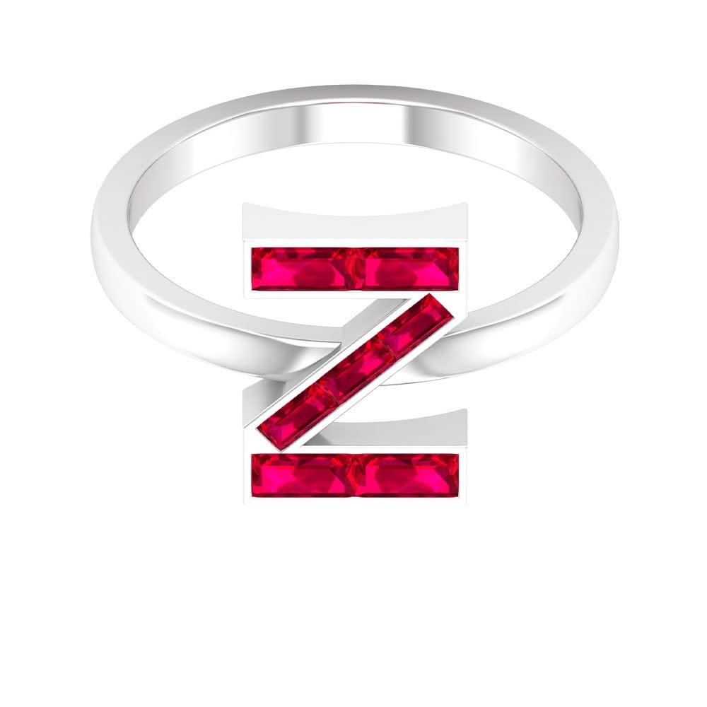 A-Z Alphabet Initial Rings - 14K White Gold Lab-Created Ruby Letter Rings with Baguette & Channel Set | Personalized Name Jewelry for Women, Gift for Her, Birthday, Anniversary, Graduation