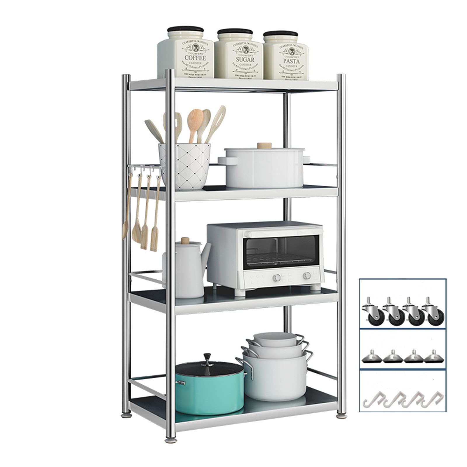 Adjustable Height Kitchen Storage Shelves with Wheels - Heavy Duty Commercial Grade Rolling Utility Shelf Rack for Pantry, Restaurant, or Warehouse Organization