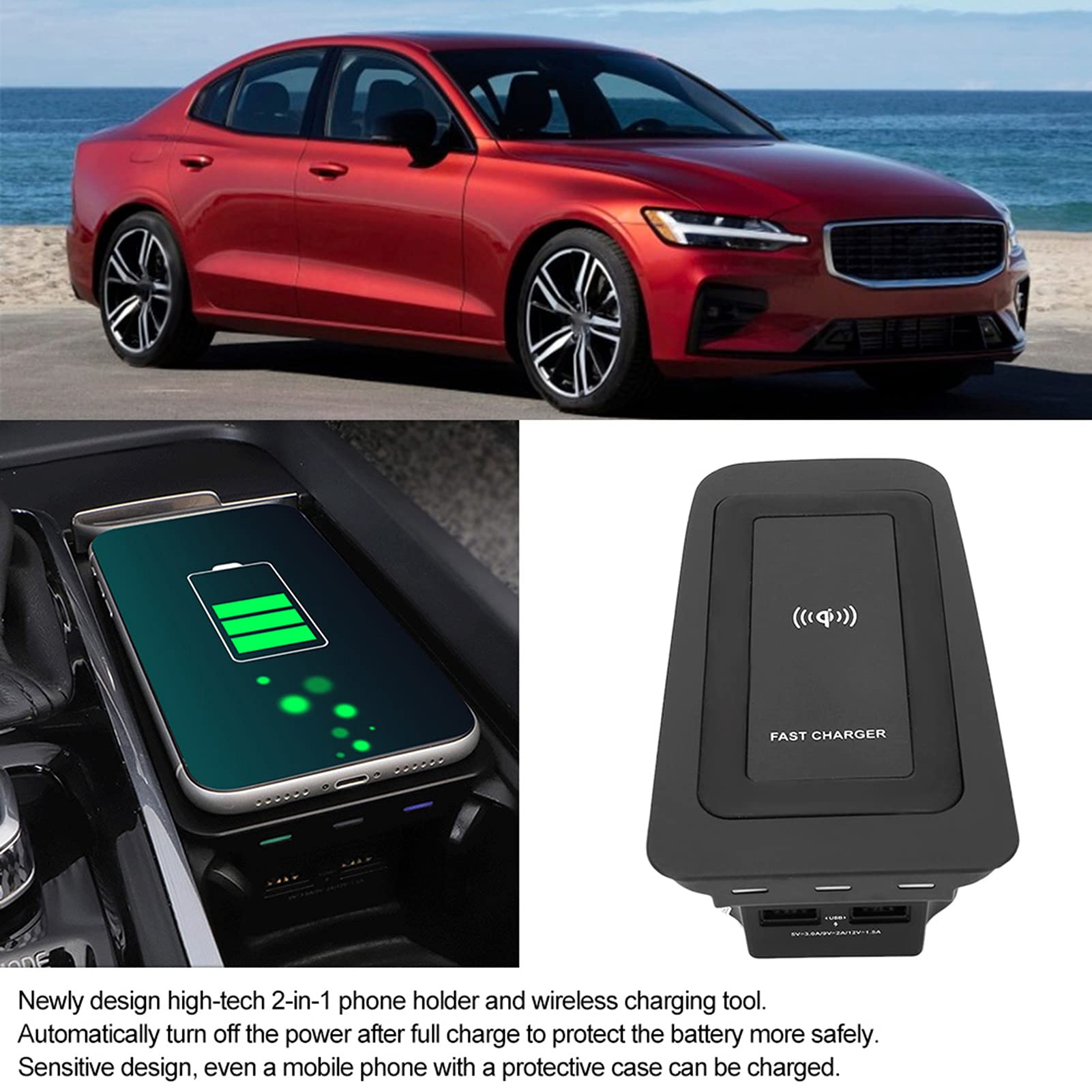 15W Fast Wireless Car Charger for iPhone & Samsung - Universal Qi Charging Pad for Volvo S60/V60/XC60/S90/V90/XC90 - Auto-Clamping Phone Holder for Safe Driving & Hands-Free Charging