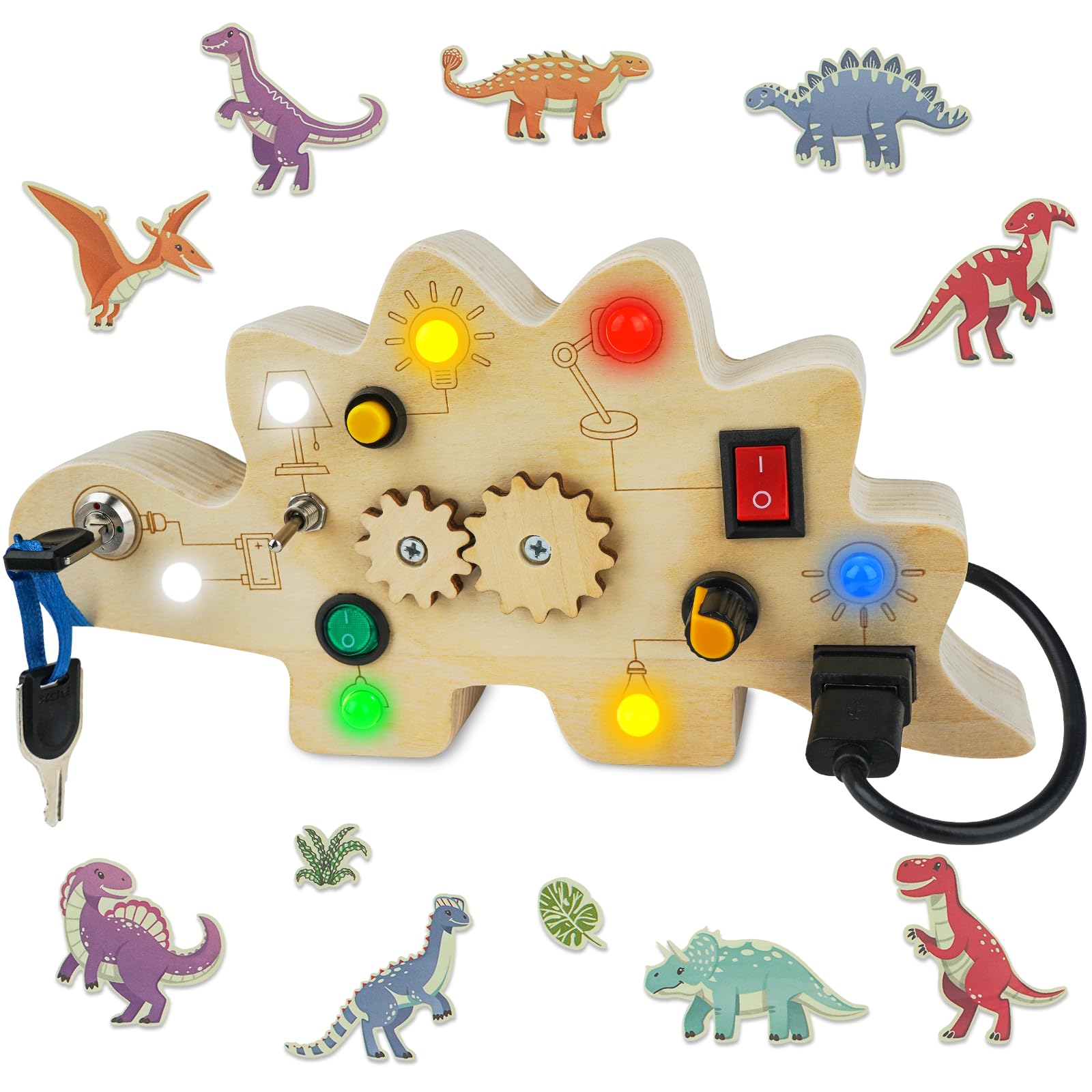 Montessori Busy Board for Toddlers 1-3 - Wooden LED Dinosaur Sensory Toy | Perfect Gift for Boys & Girls
