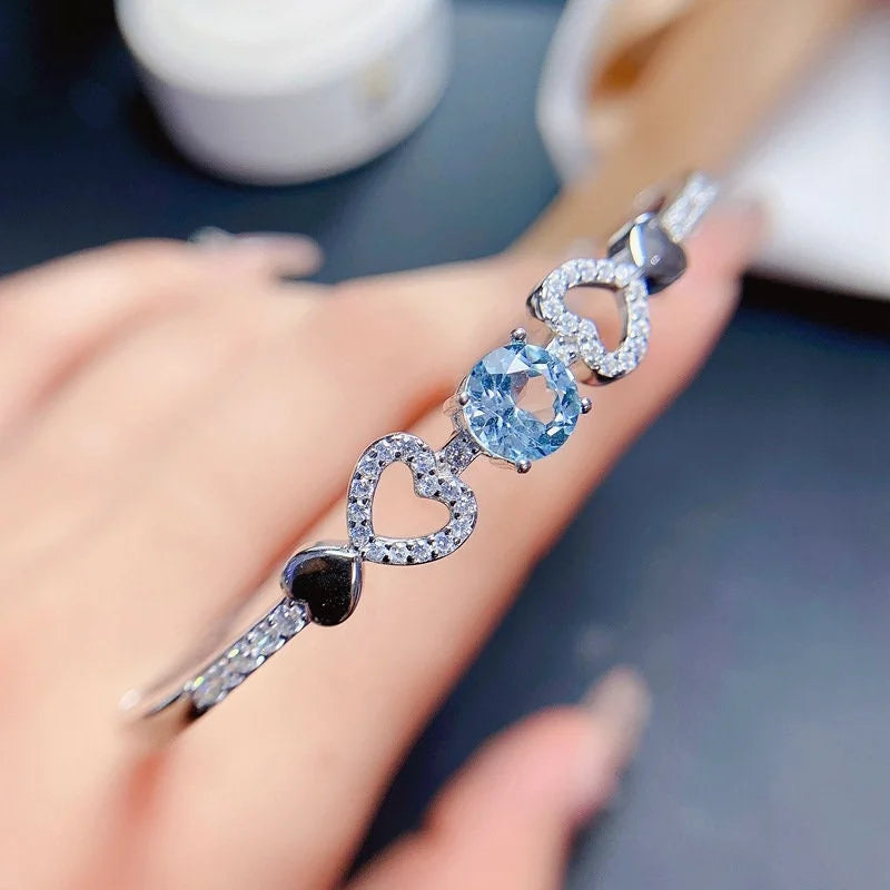 Swiss Blue Topaz Heart Bangle Bracelet for Women - 925 Sterling Silver Adjustable Charm Bracelet | Elegant Jewelry Gift for Valentine's Day, Anniversary & Special Occasions