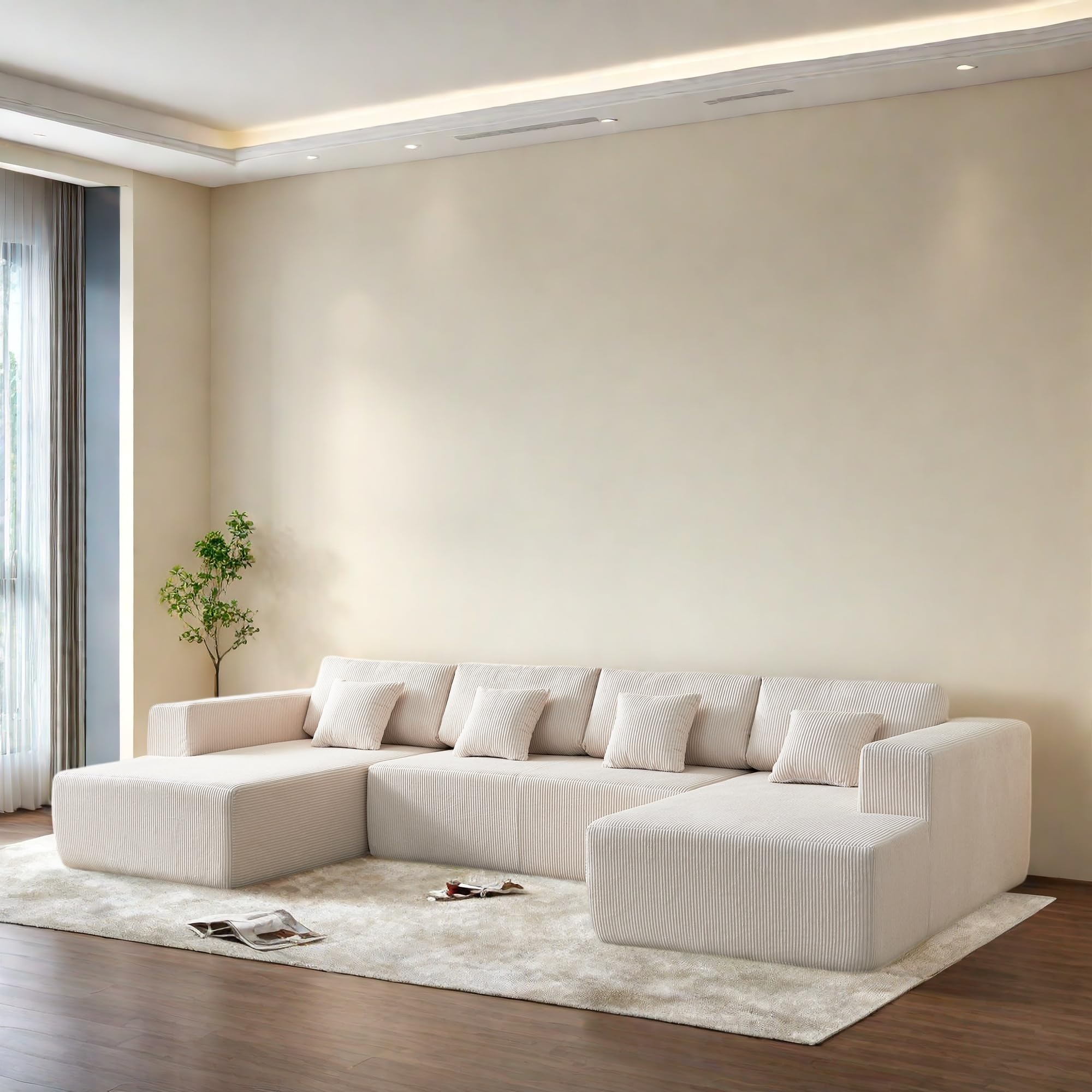 Luxury U-Shaped Sectional Sofa Set with Plush Corduroy Fabric & Reversible Chaise - 4-Seater Comfort Couch with Supportive Backrests for Living Room, Apartment - Perfect for Family Gatherings & Movie Nights (White)