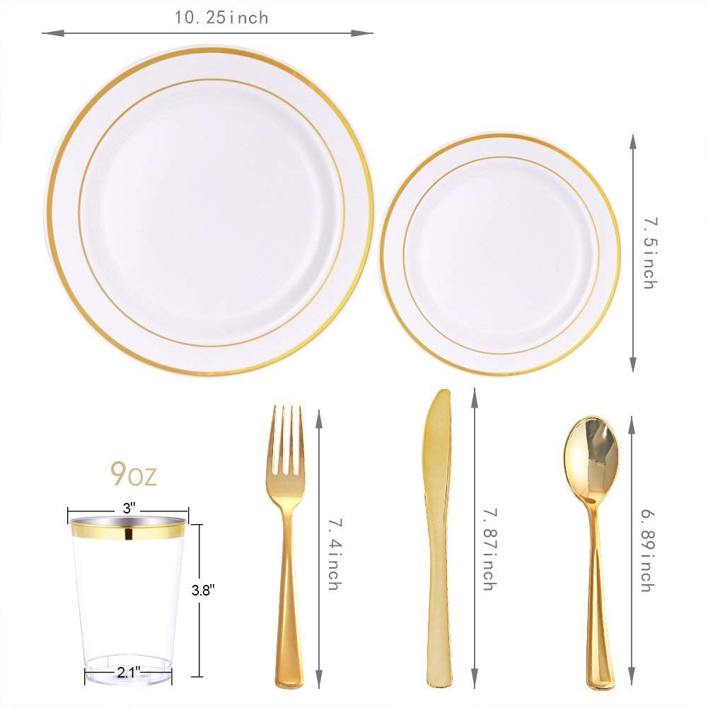WELLIFE 150-Piece Gold Plastic Party Dinnerware Set - 25 Gold 10.25