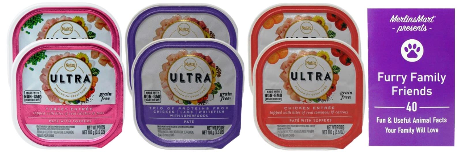 Nutro Ultra Pate Wet Dog Food Variety Pack - 3 Flavor Mix (Turkey Chicken Peas, Trio of Proteins, Chicken Tomato Carrot) 3.5oz Cans with Free Fun Facts Booklet - High Protein Grain-Free Meal Topper for Small & Large Dogs - Perfect for Travel, Training & Picky Eaters