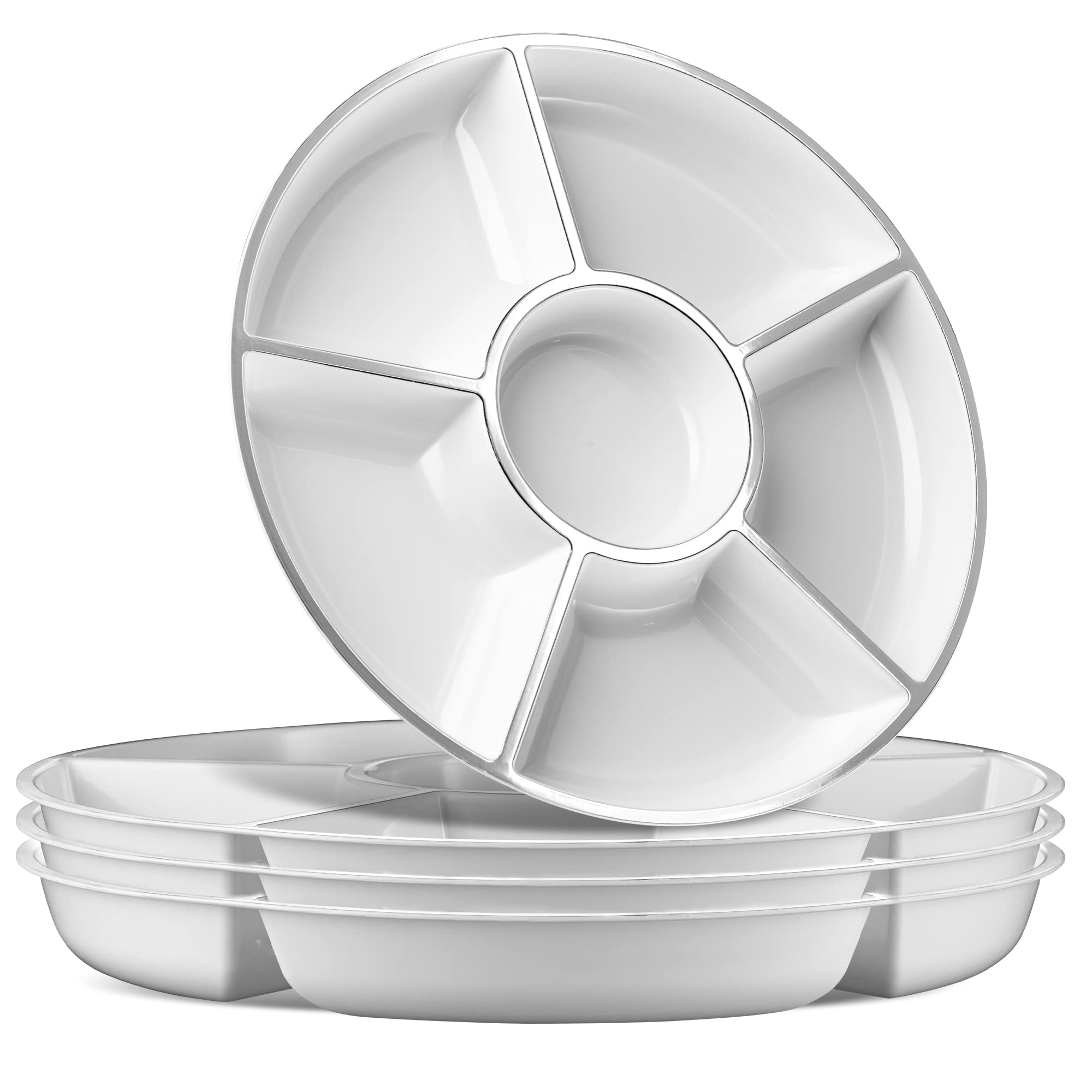 Plasticpro 6-Section Round Serving Tray Set - 8 Pack White & Silver Plastic Platters for Party, Buffet, and Catering Events