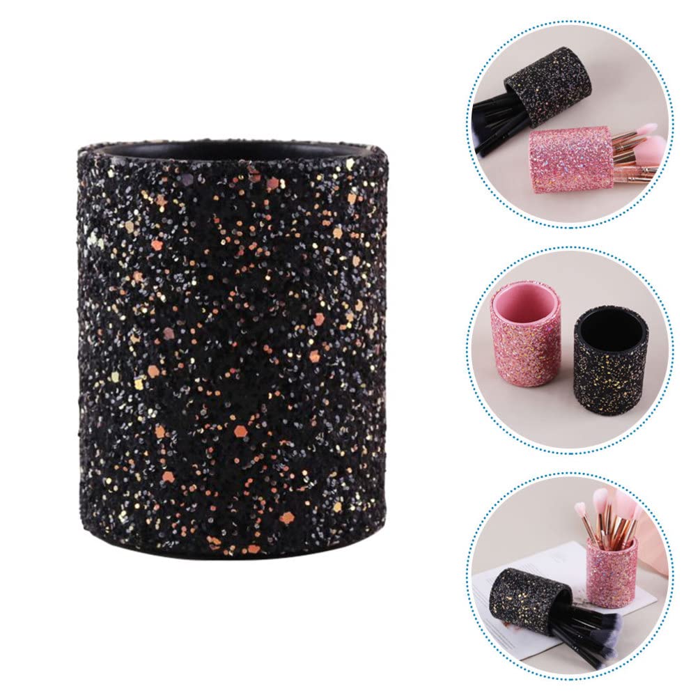 FRCOLOR Glitter Makeup Brush Holder Organizer - PU Sequin Pen & Pencil Cup, Cosmetic Storage Box for Dresser, Vanity & Office Desk (Black) | Perfect for Makeup Brushes, Pens, Cosmetics & Desk Organization