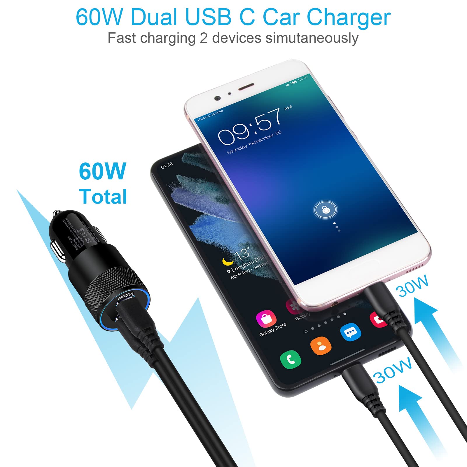60W USB C Car Charger Fast Charging - Dual Port Car Adapter for iPhone 15/14/13/12/11, iPad, Samsung Galaxy S24/S23/S22/S21, Google Pixel 8/7/6 Pro - Perfect for Road Trips & Daily Commute
