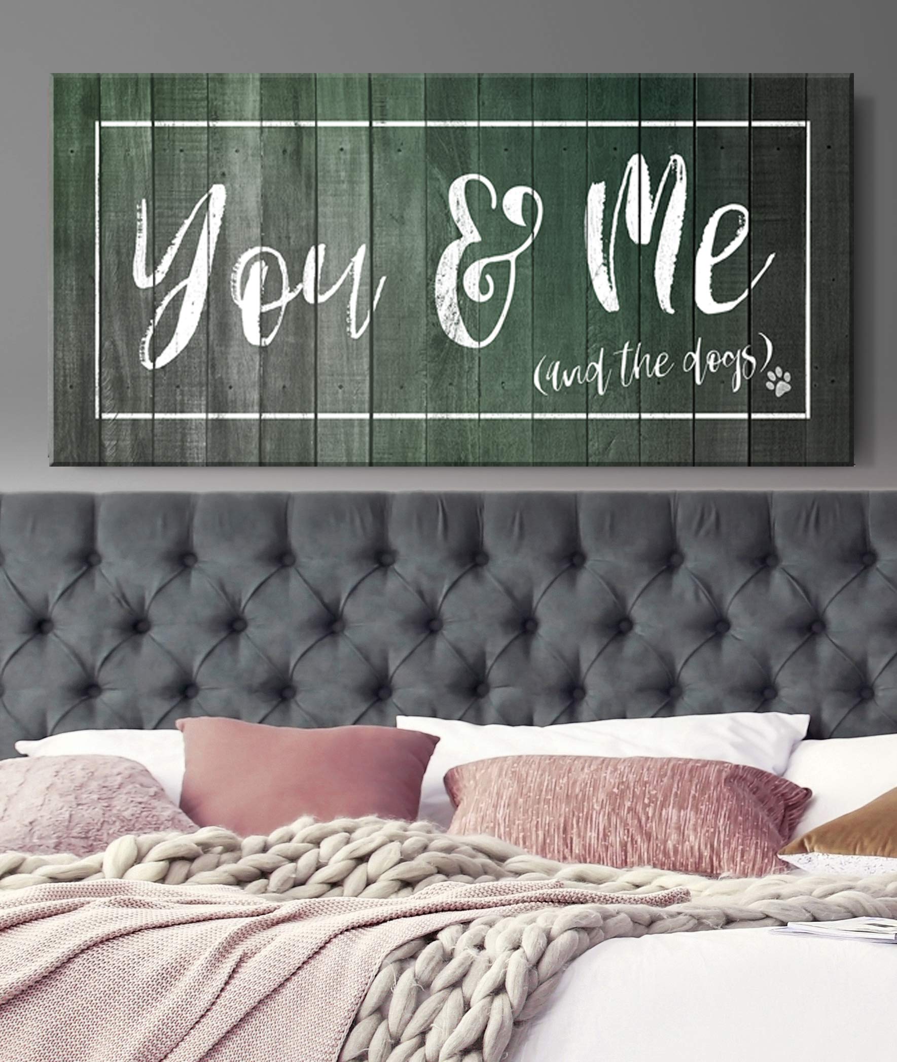 Handmade Dog Lovers Wall Art - 'You, Me And The Dogs' Couples Bedroom Decor Sign | Rustic Green Wooden Pet Sign (60x27 inches) | Perfect for Dog Owner Gifts & Farmhouse Bedroom Wall Decor