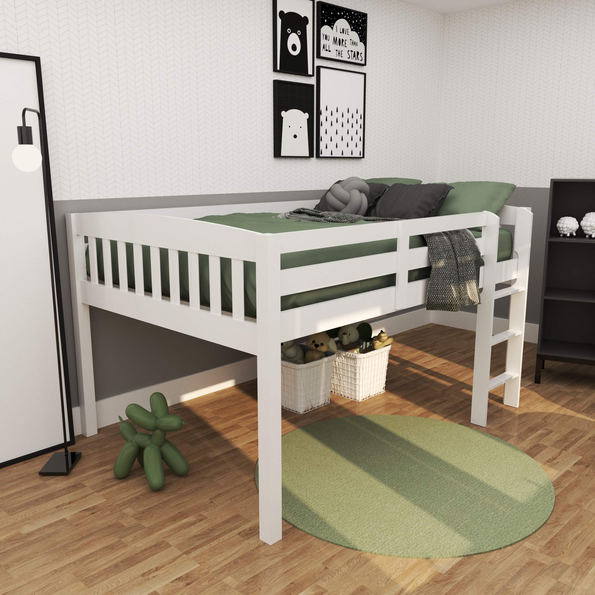 Harper & Bright Designs Full Size Wood Low Loft Bed with Ladder & Safety Guardrail for Kids Teens - Space Saving Bed Frame for Boys Girls (White) | Perfect for Small Bedrooms, Dorm Rooms & Kids' Rooms