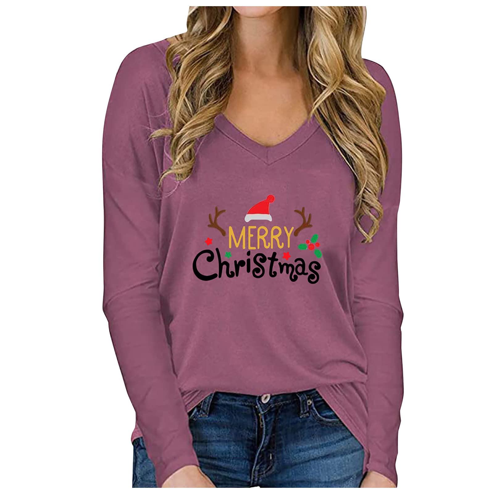 Fastbot Women's Casual Christmas Print Long-Sleeve V-Neck T-Shirt - Festive Holiday Top for Parties, Family Gatherings & Office Wear (Red)