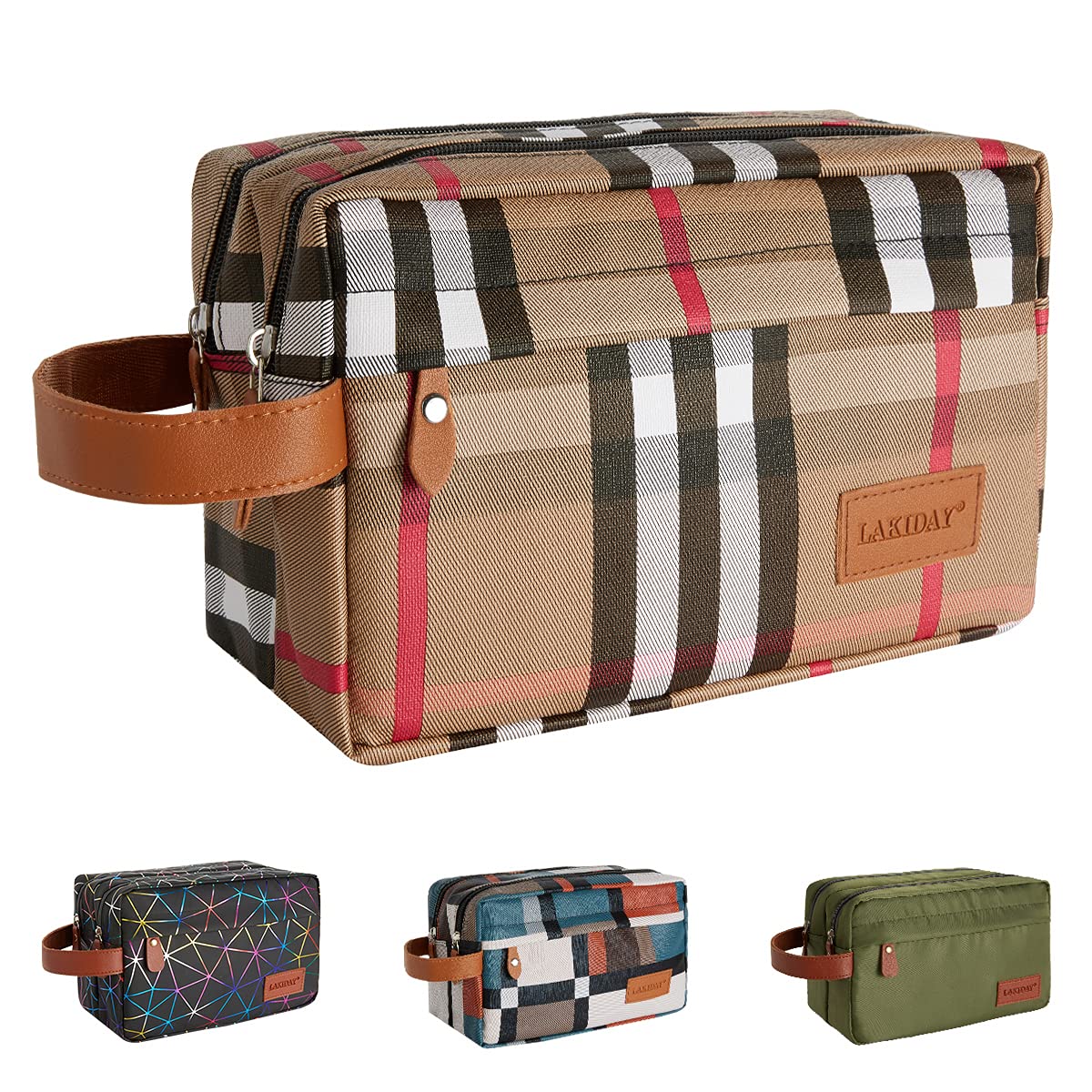 Waterproof Travel Toiletry Bag for Men & Women - Large Capacity Dopp Kit Organizer with Multiple Pockets (Grid Brown) - Perfect for Camping, Gym, Business Trips & Vacation Essentials Storage