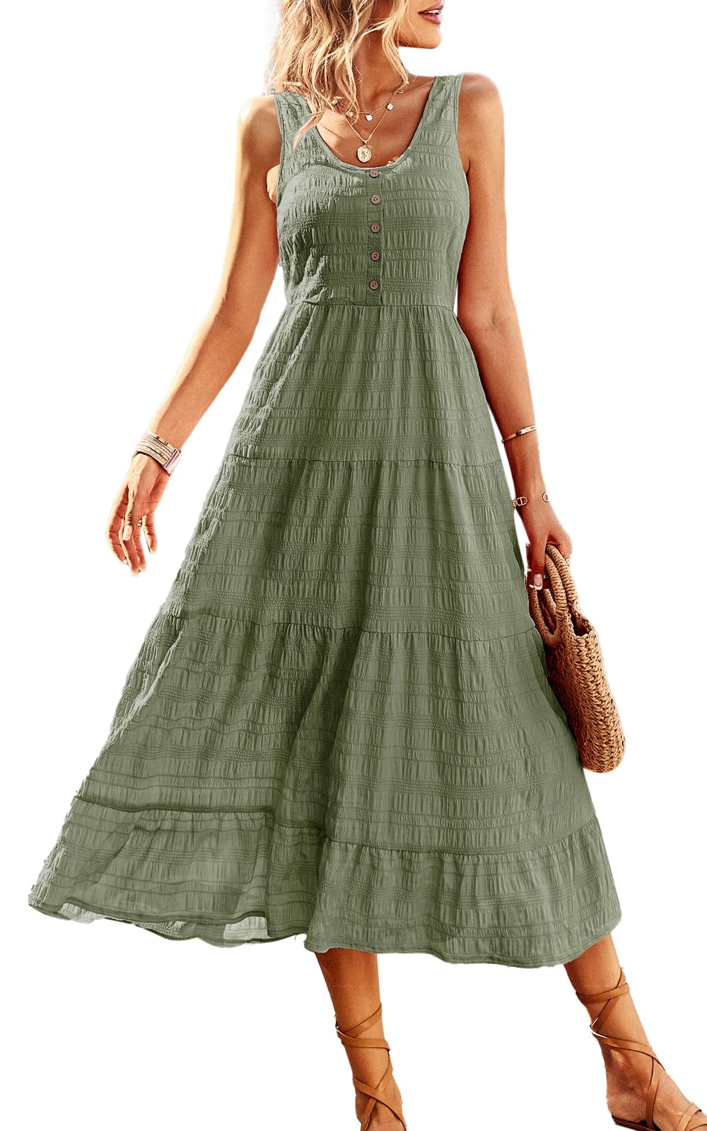 Women's Casual Summer Dress - Loose Sleeveless Tank Sundress with Smocked Tiered Flowy Midi Design & Pockets | Perfect for Beach, Vacation, and Everyday Wear