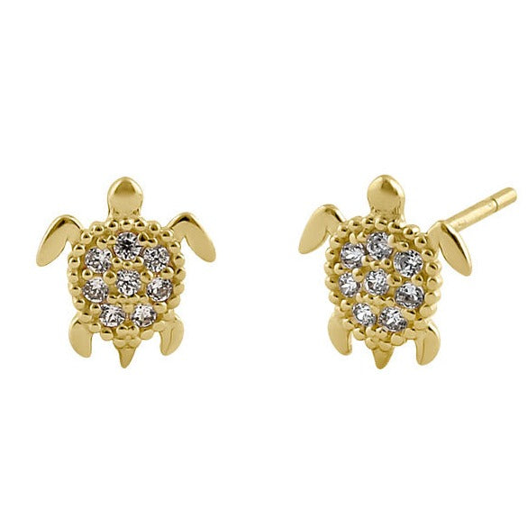 14K Yellow Gold Sea Turtle Cubic Zirconia Stud Earrings for Women - Perfect for Beach Vacations, Summer Parties & Gifts