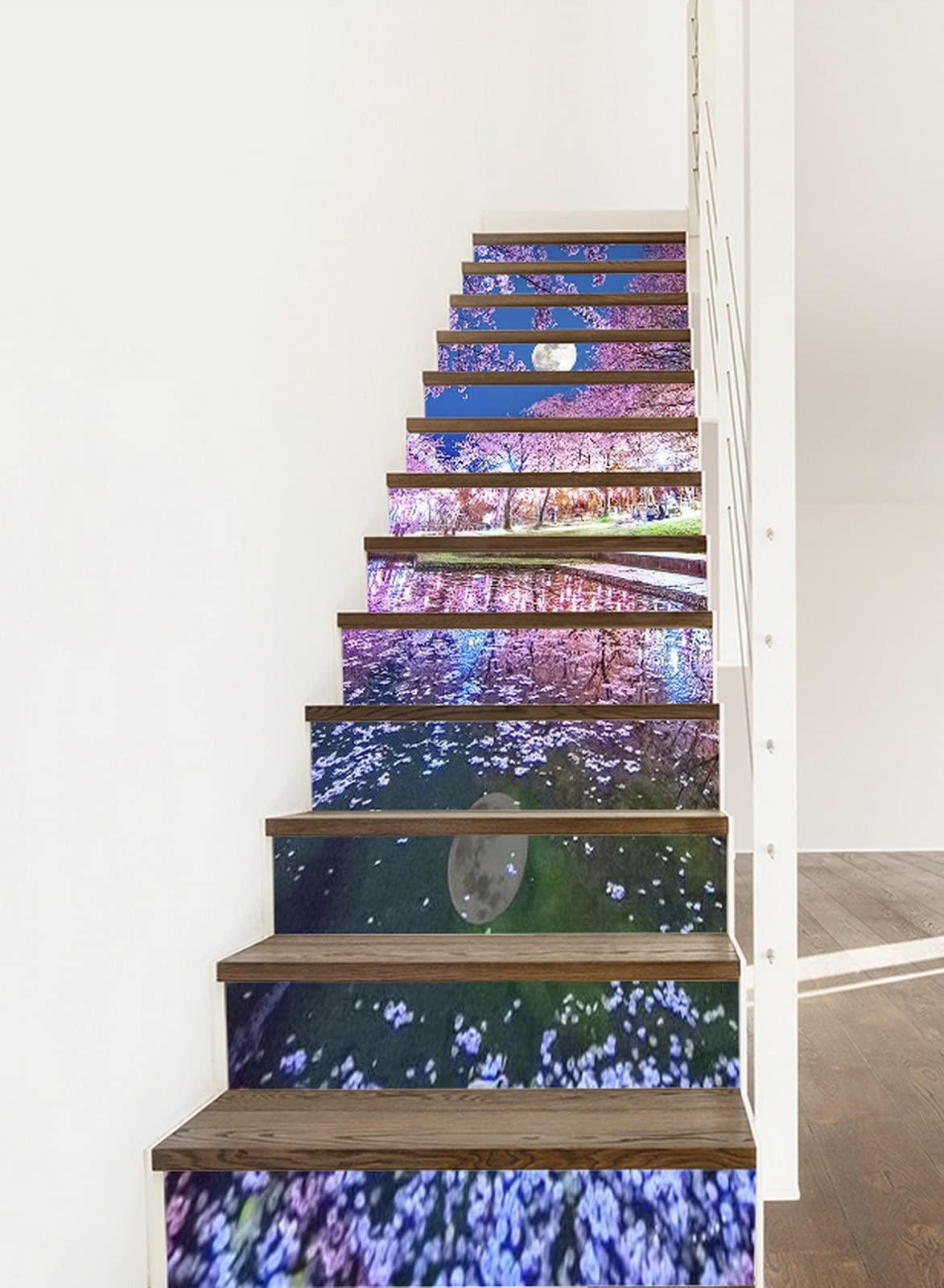 3D Self-Adhesive Removable Cherry Blossom Stair Stickers - Sakura Flowers & Moon Night River Scene Vinyl Decals (13-Piece Set) for Stair Risers, Kitchen Tiles & Wall Murals - Perfect for Home Decor, DIY Projects & Interior Design