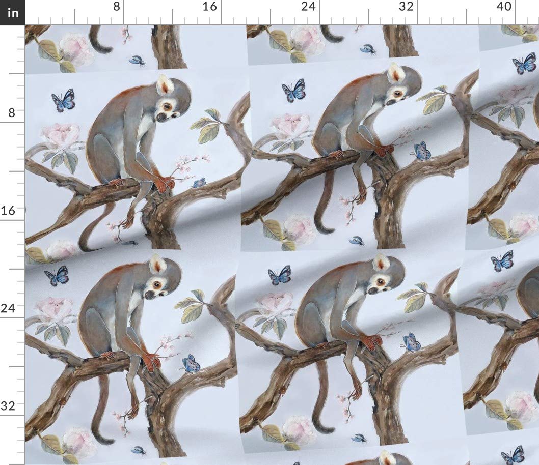 Monkey Cherry Branch Butterflies Birds Aqua Olive Lavender Peonies Printed Petal Signature Cotton Fabric by The Yard - Premium Spoonflower Fabric for Sewing, Quilting, Apparel, Crafts & Home Decor - Perfect for DIY Projects, Curtains & Upholstery