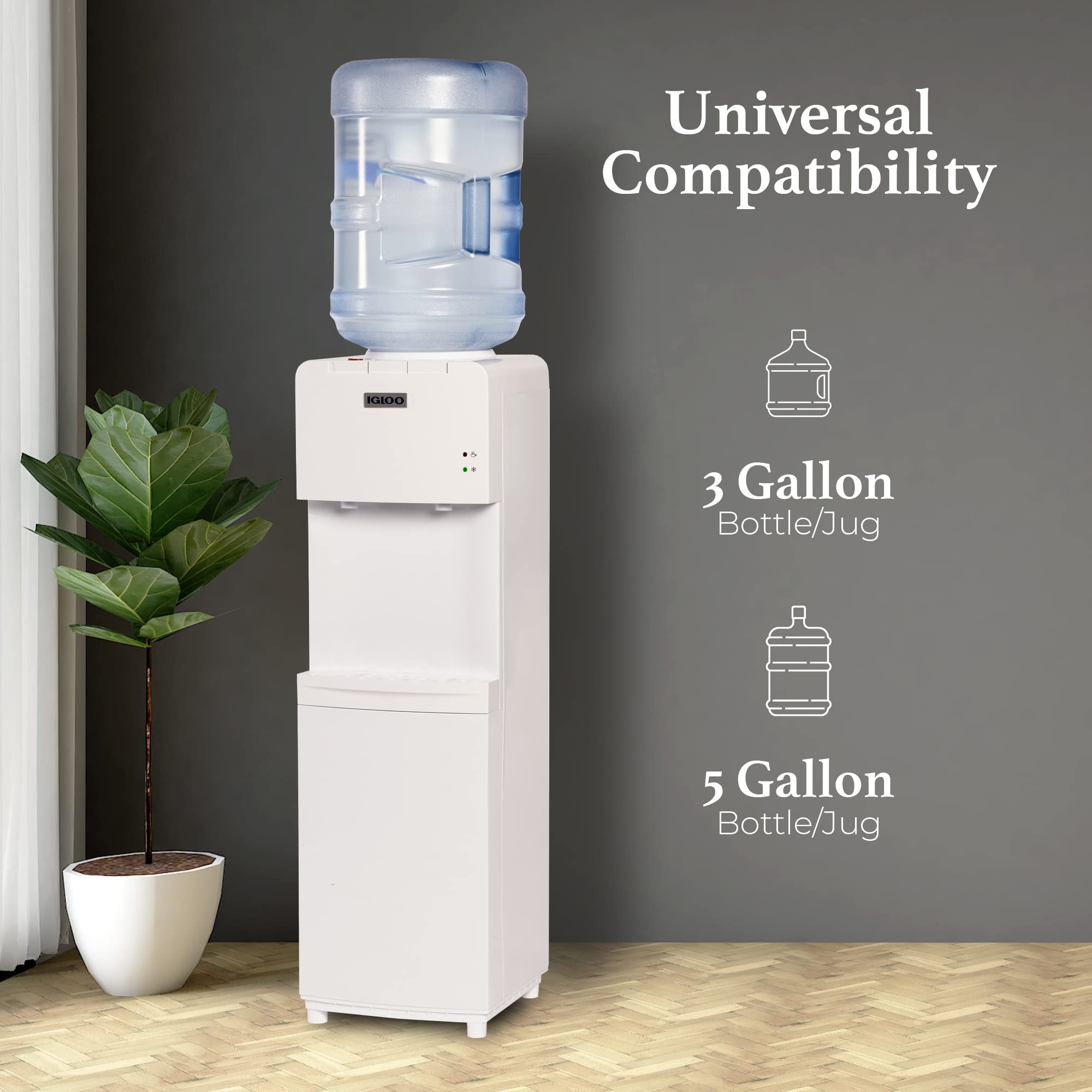 Igloo Top Loading Hot and Cold Water Dispenser - 5 Gallon & 3 Gallon Bottle Water Cooler with Child Safety Lock - Energy Efficient Home & Office Water Machine - White - Perfect for Kitchens, Break Rooms, and Dorm Rooms