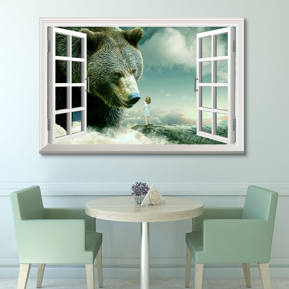 Mystical Style Giant Bear and Little Girl Window View Gallery Wall Art - 32x48 Inches - Perfect for Living Room, Bedroom, or Nursery Decor