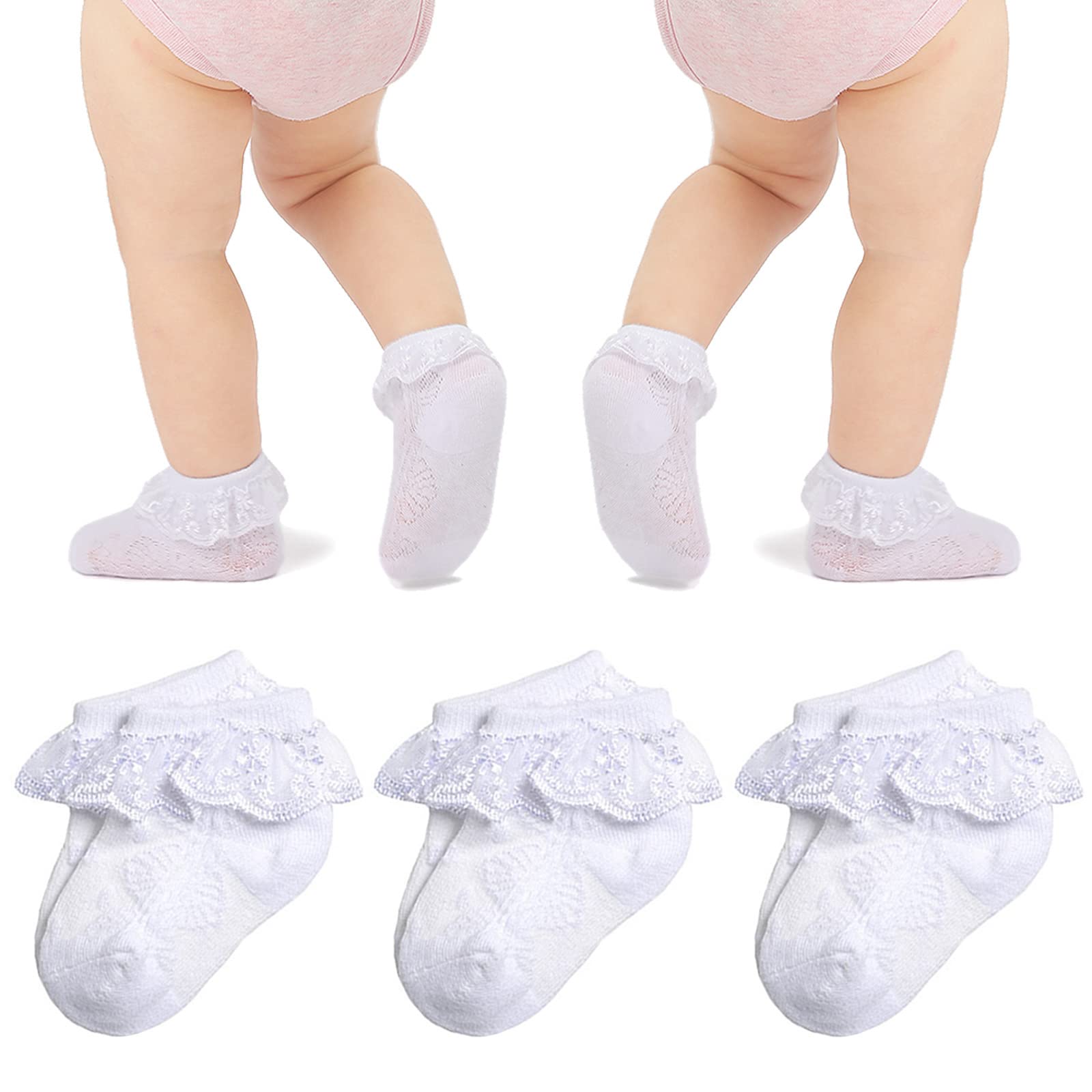 Baby Girl Lace Socks with Eyelet Ruffles - 2/3/5/6 Pairs Pack - Princess Dress Socks for Newborns, Infants & Toddlers - Perfect for Special Occasions, Photoshoots & Everyday Wear