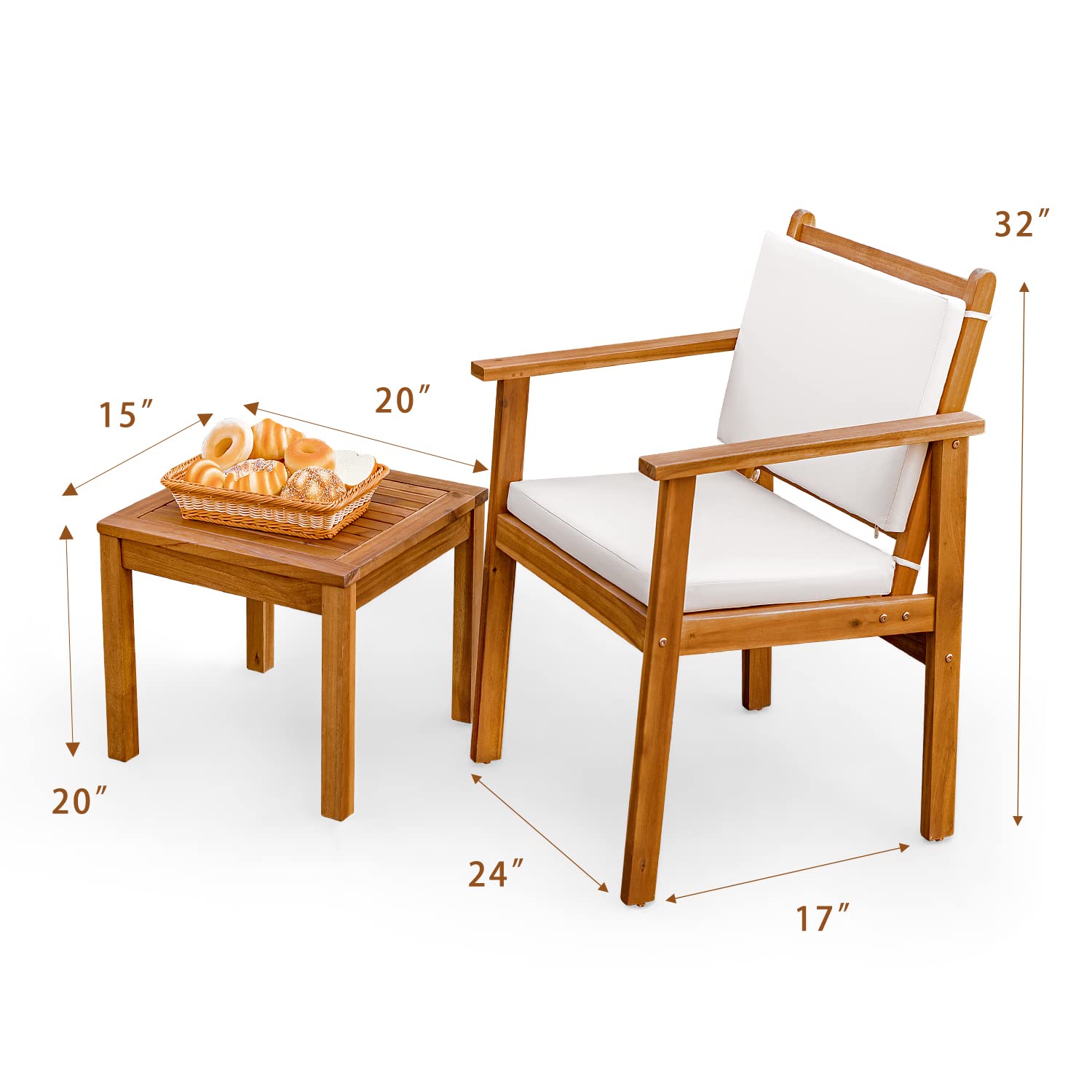 Greesum 3-Piece White Bistro Patio Furniture Set - Outdoor Chat Chairs with Waterproof Cushions & Coffee Table - Perfect for Beach, Backyard, Garden, and Poolside Relaxation