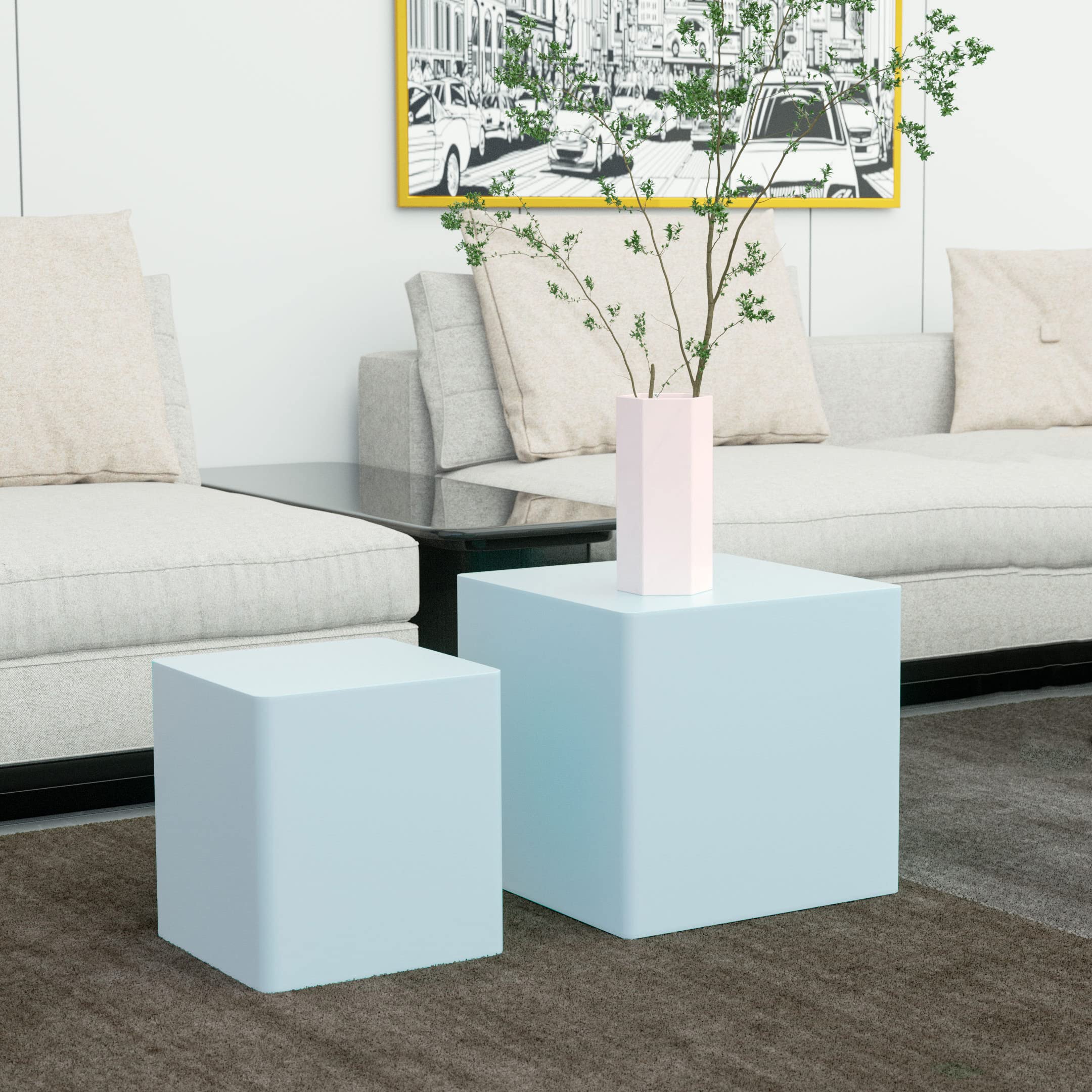 Modern Nesting Table Set of 2 - Light Blue MDF Coffee & Side Tables for Living Room, Office, Bedroom - 15.75