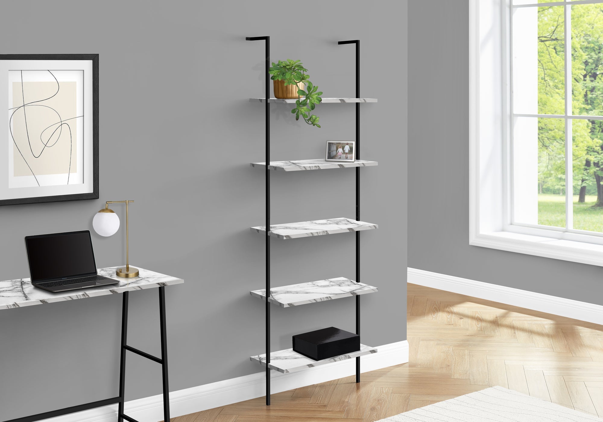 Modern 72H Ladder Bookcase with White Marble Shelves & Black Metal Frame - Perfect for Home Office, Living Room, and Bedroom Storage Organization