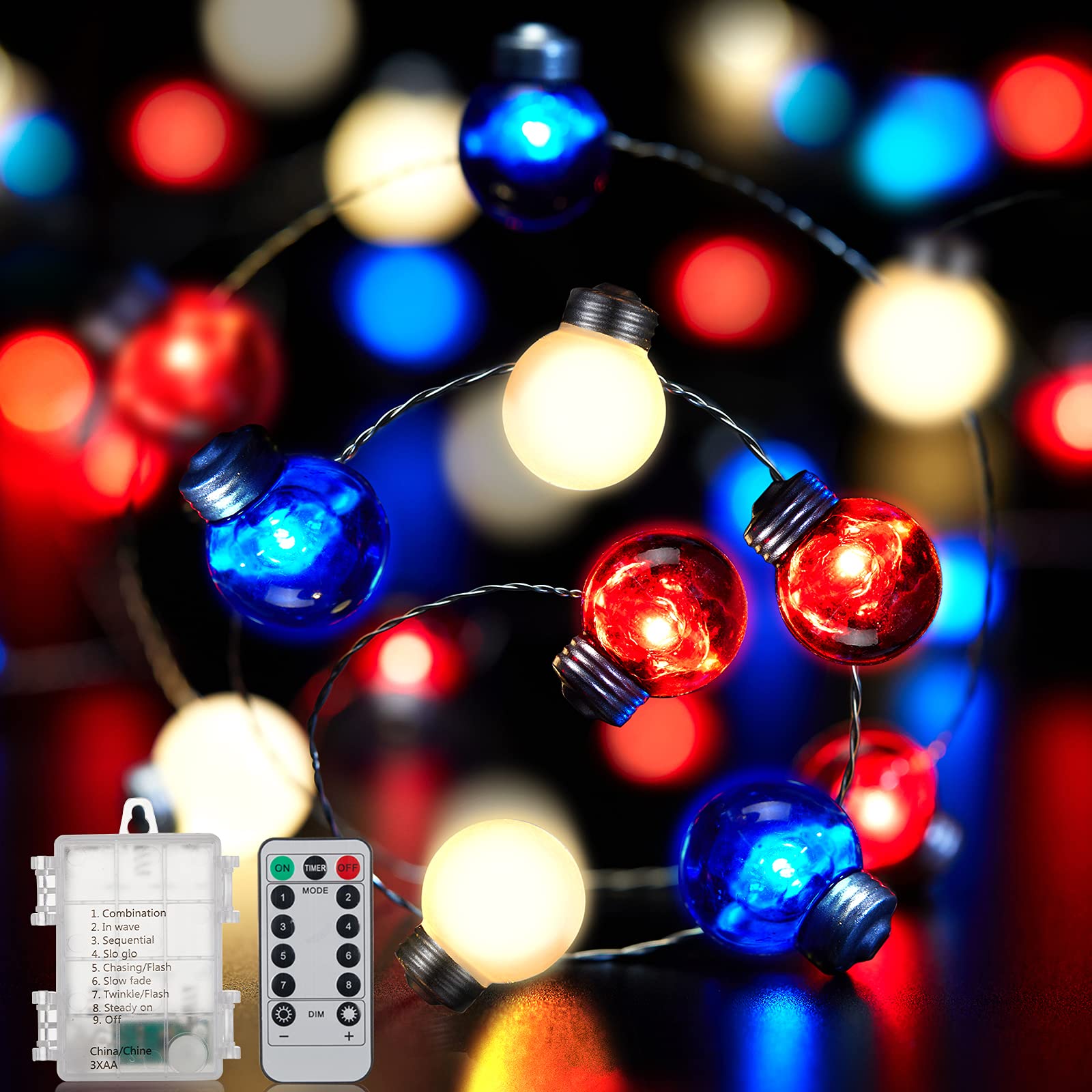 Minetom 10.8FT Patriotic LED String Lights - 30 Red White Blue Bulbs, Battery Operated with Remote - Perfect for 4th of July, Independence Day, President's Day & Memorial Day Decorations - Ideal for Outdoor Patio, Garden, Yard & Indoor Home Party Decor